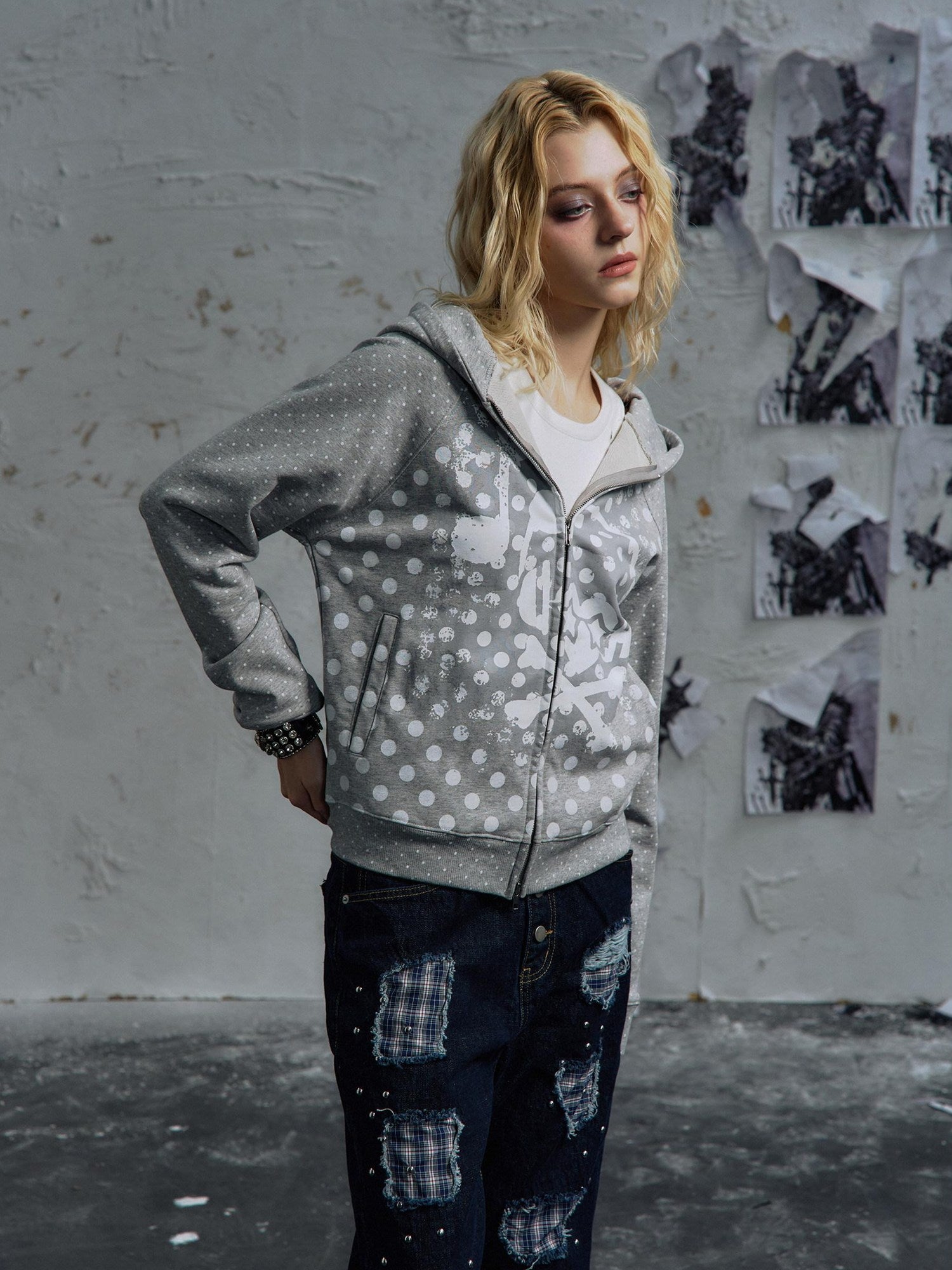 PAIKI Slim Fit Embossed Print Hooded Zip Unisex Cotton Blend Polka Dot Hoodies