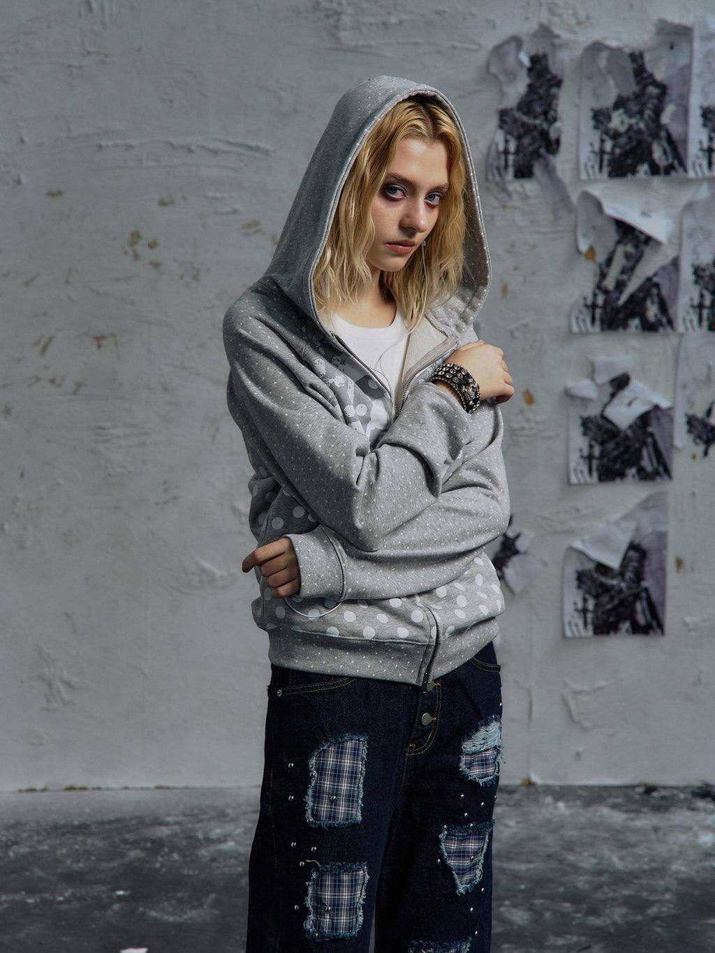 PAIKI Slim Fit Embossed Print Hooded Zip Unisex Cotton Blend Polka Dot Hoodies