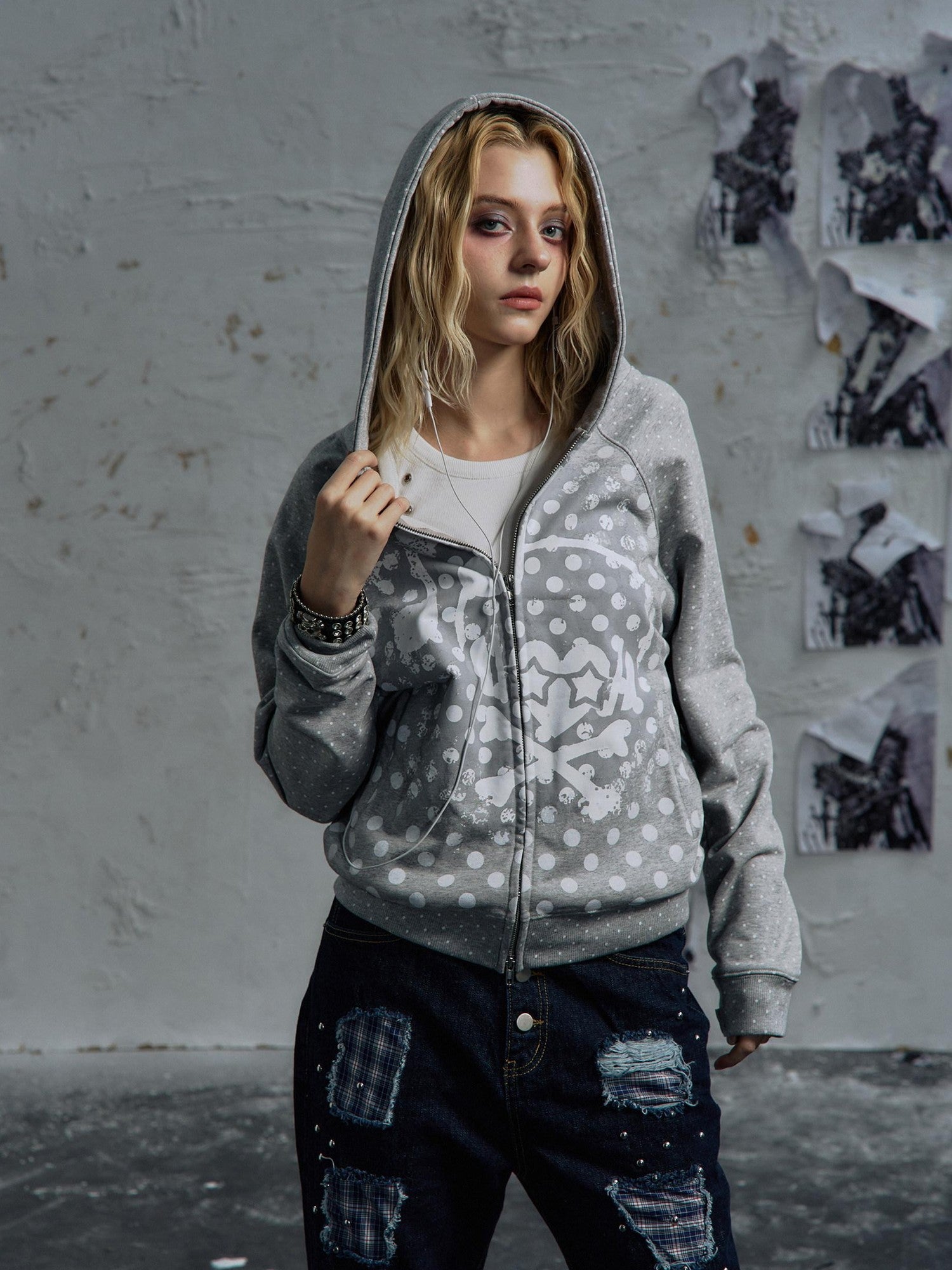 PAIKI Slim Fit Embossed Print Hooded Zip Unisex Cotton Blend Polka Dot Hoodies