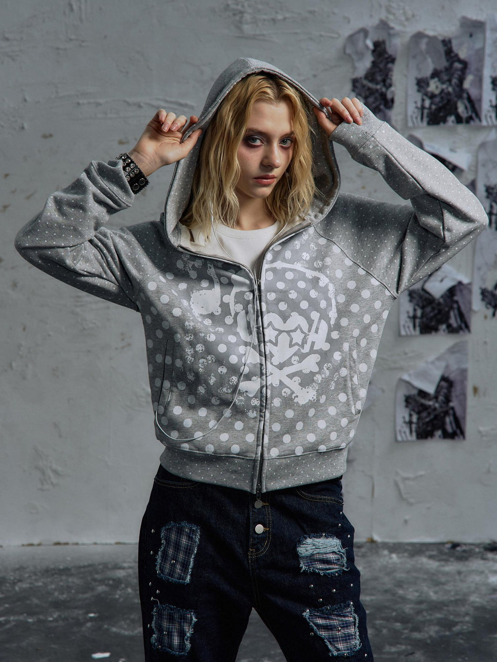 PAIKI Slim Fit Embossed Print Hooded Zip Unisex Cotton Blend Polka Dot Hoodies