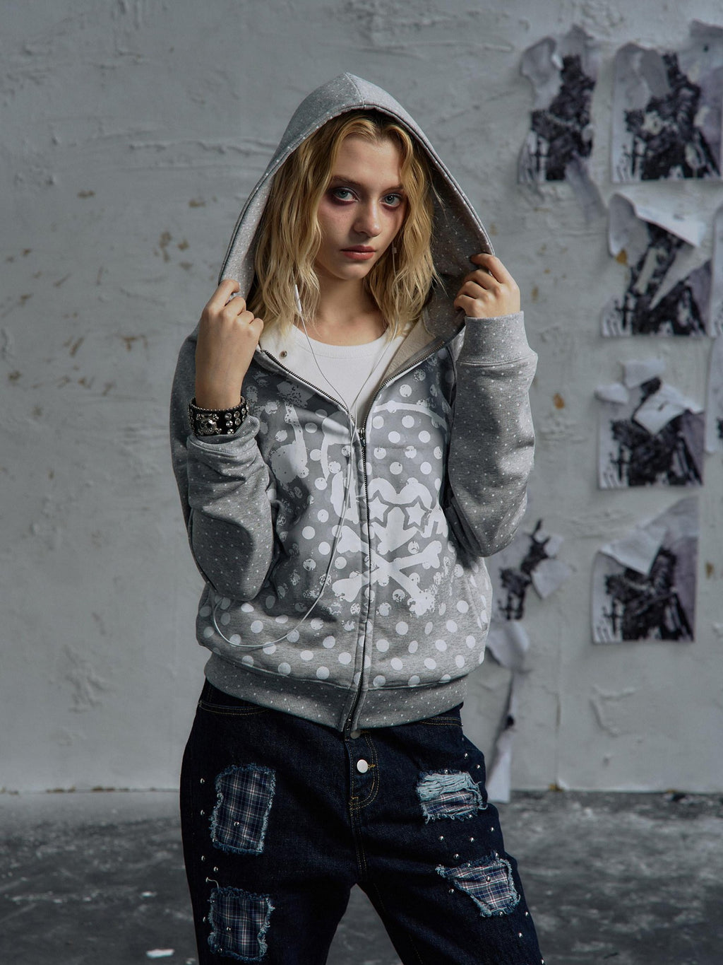 PAIKI Slim Fit Embossed Print Hooded Zip Unisex Cotton Blend Polka Dot Hoodies
