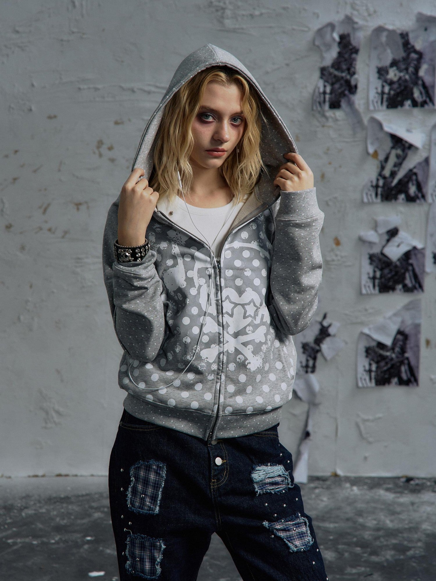 PAIKI Slim Fit Embossed Print Hooded Zip Unisex Cotton Blend Polka Dot Hoodies