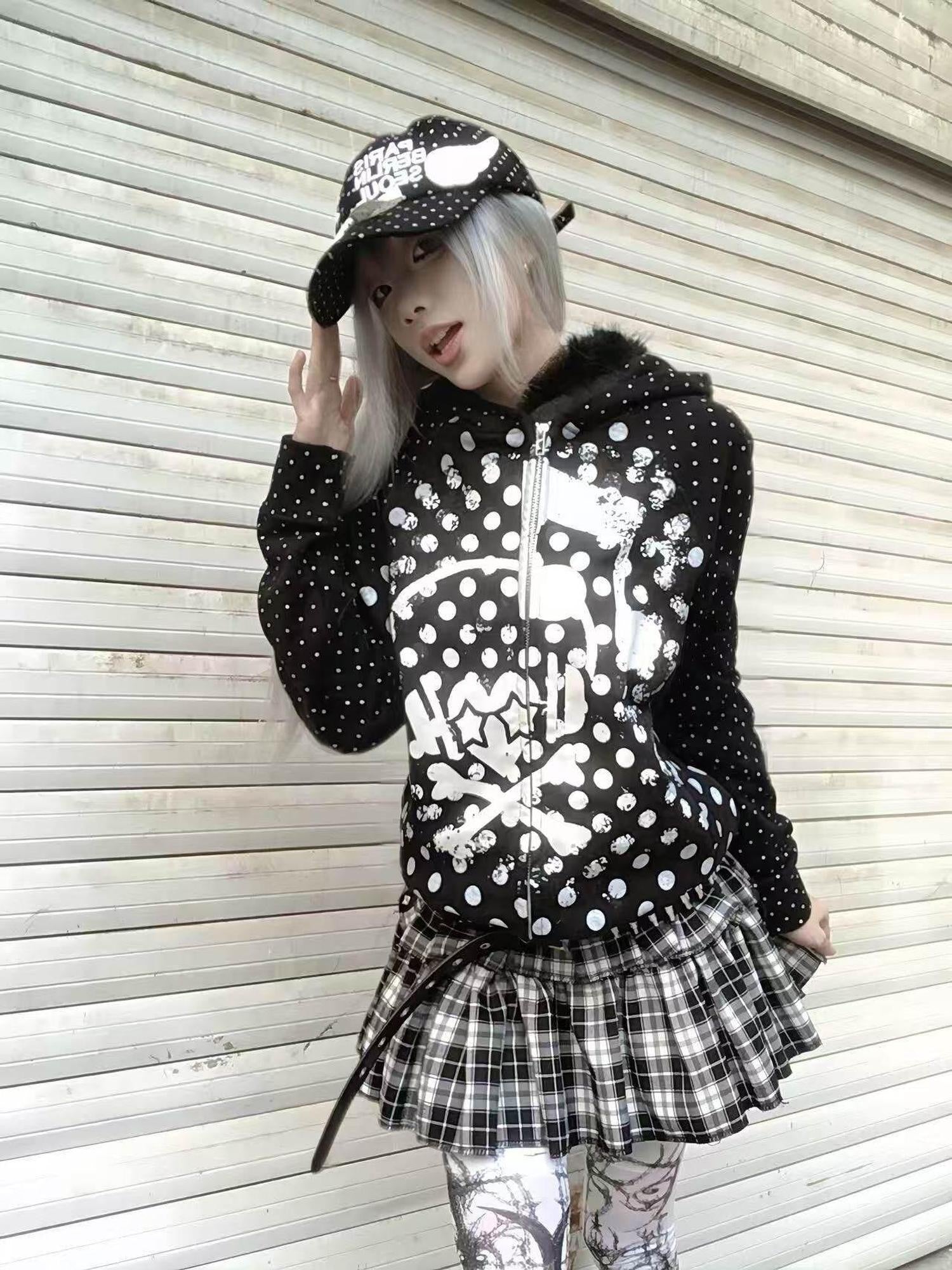 PAIKI Slim Fit Embossed Print Hooded Zip Unisex Cotton Blend Polka Dot Hoodies