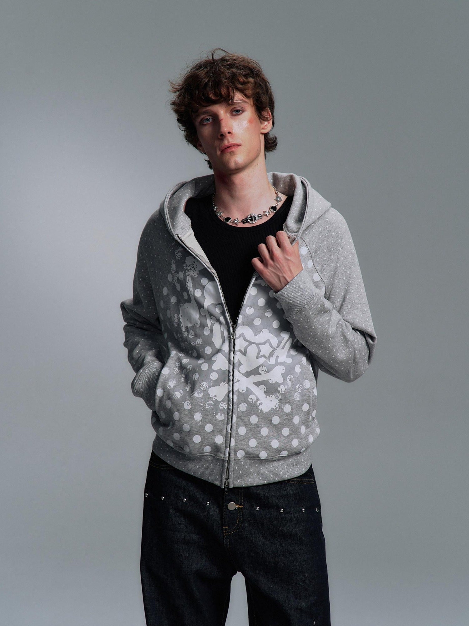 PAIKI Slim Fit Embossed Print Hooded Zip Unisex Cotton Blend Polka Dot Hoodies
