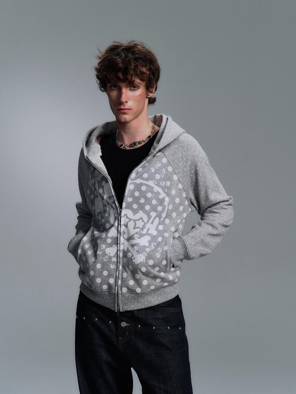 PAIKI Slim Fit Embossed Print Hooded Zip Unisex Cotton Blend Polka Dot Hoodies