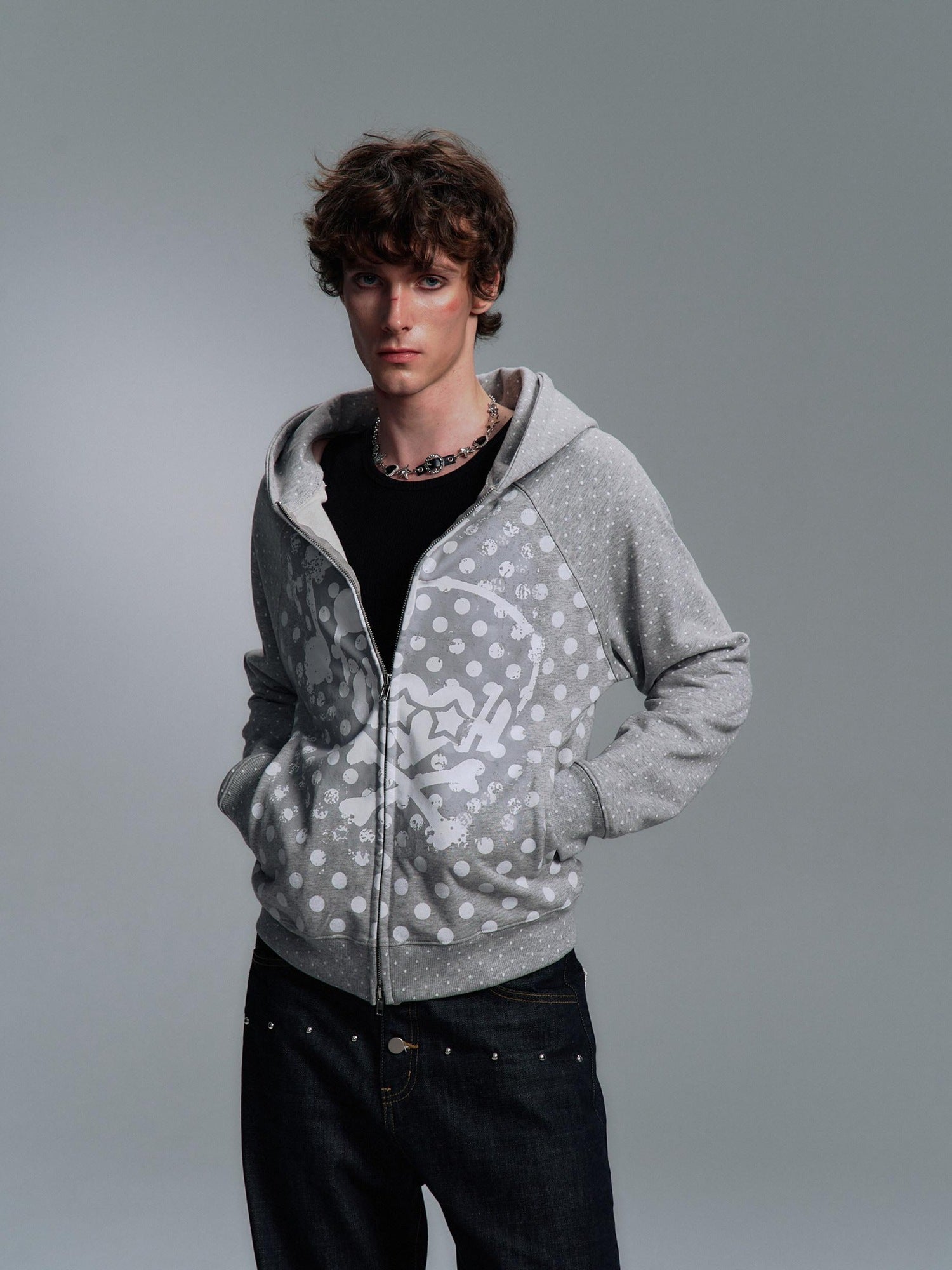 PAIKI Slim Fit Embossed Print Hooded Zip Unisex Cotton Blend Polka Dot Hoodies