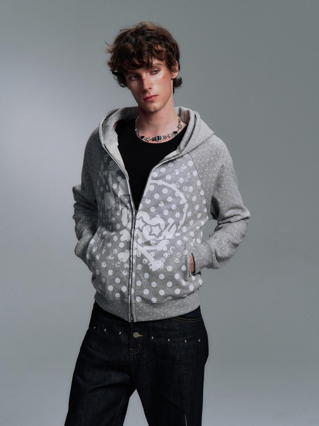 PAIKI Slim Fit Embossed Print Hooded Zip Unisex Cotton Blend Polka Dot Hoodies