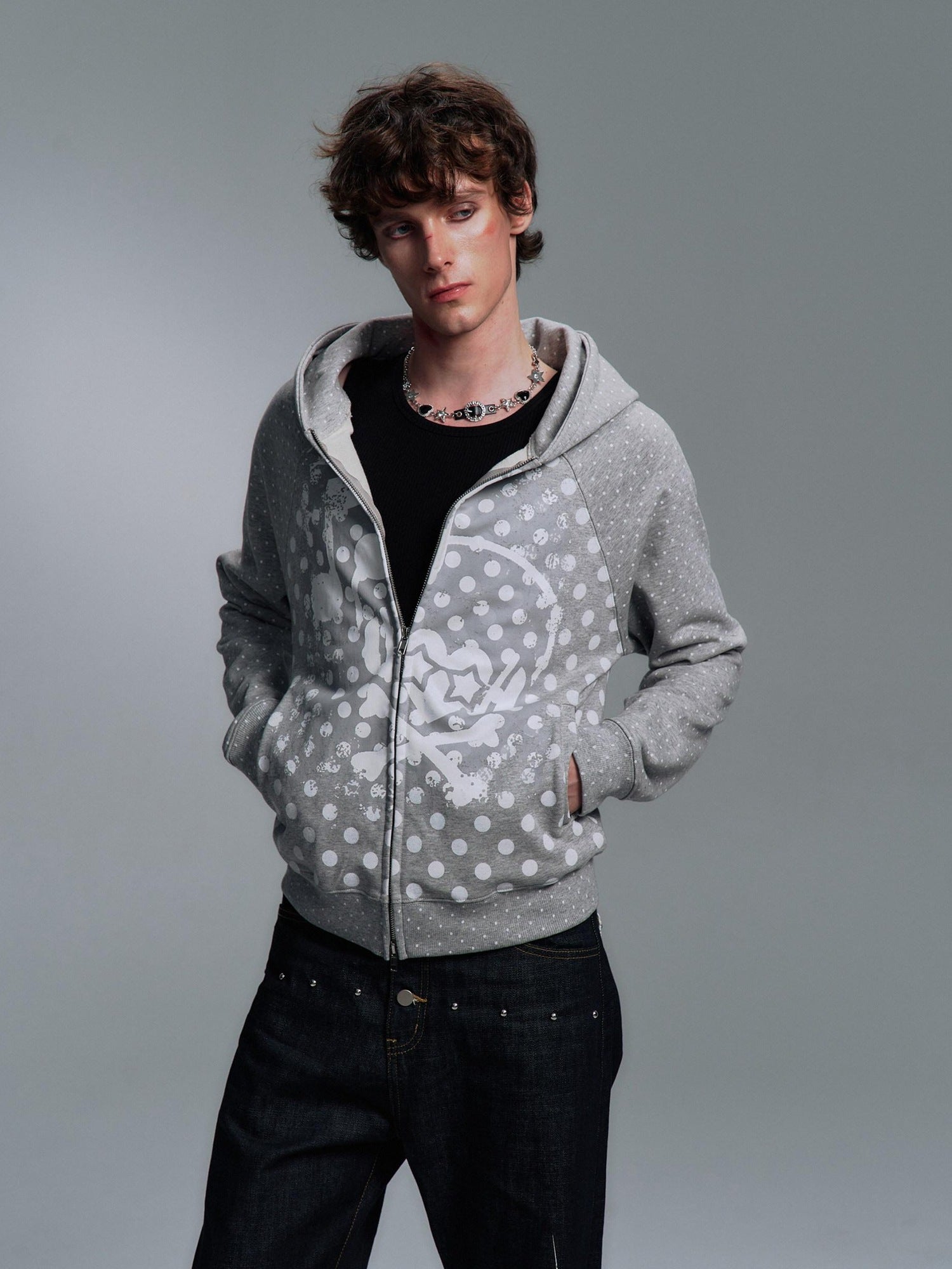 PAIKI Slim Fit Embossed Print Hooded Zip Unisex Cotton Blend Polka Dot Hoodies