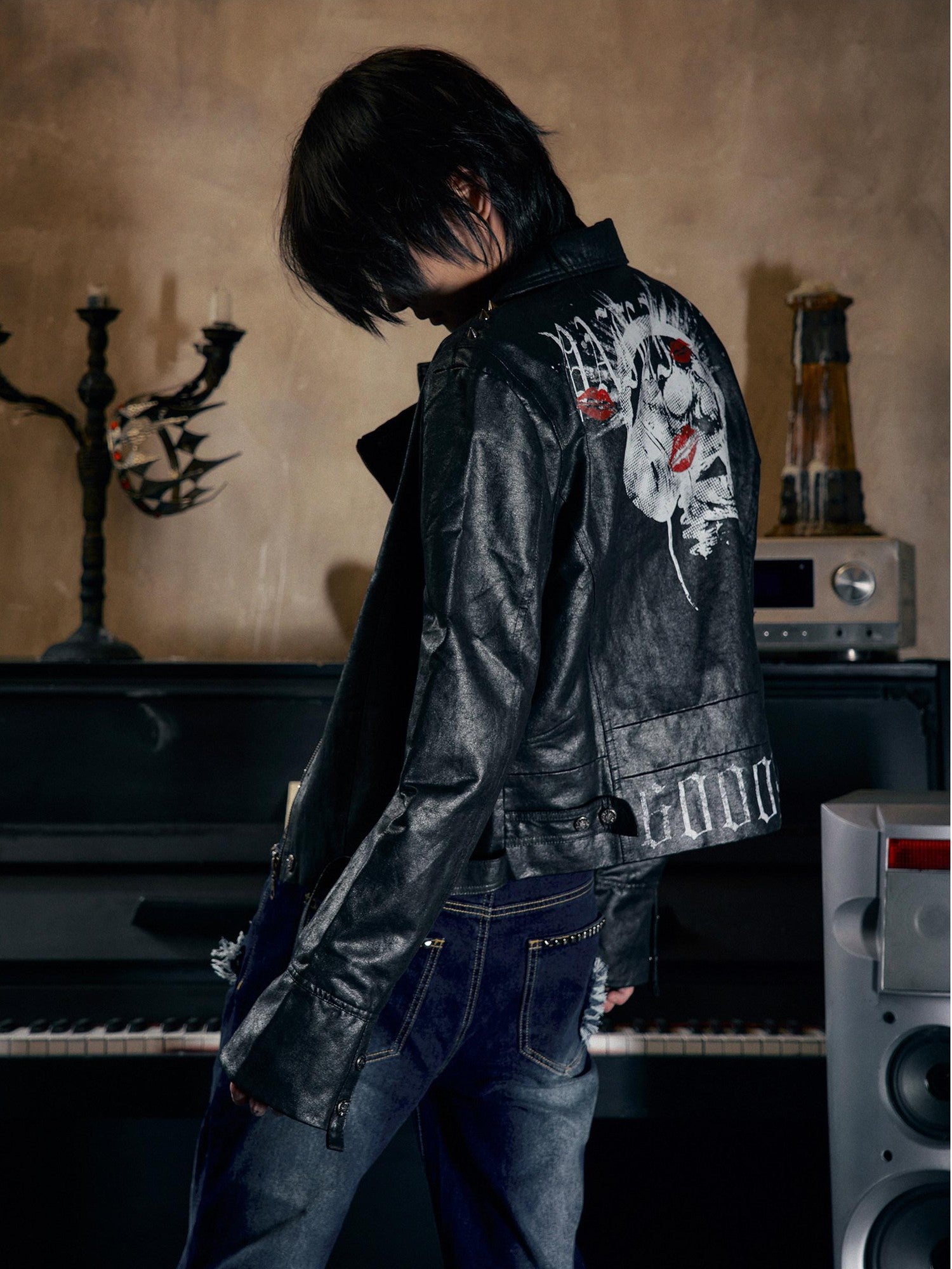 PAIKI Slim Fit Matte Black Faux Pu Leather Metal Accents Casual Youth Leather Jackets