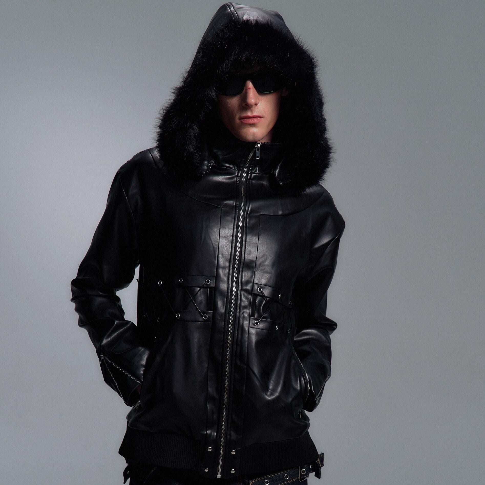 PAIKI_Slim_Fit_Patchwork_Faux_Leather_Teen_Zip_Ribbed_Hem_Black_Leather_Jackets_MISSTT