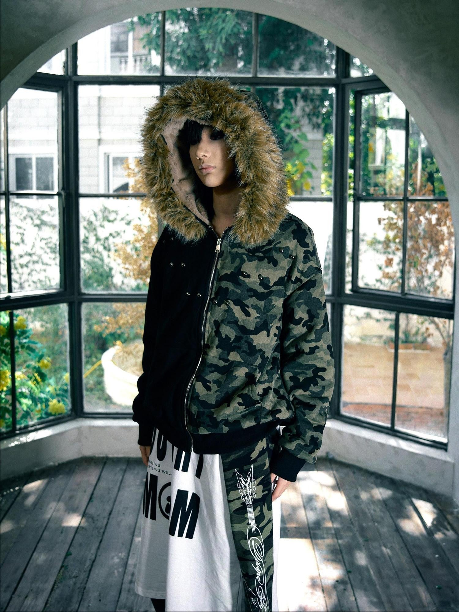 PAIKI Slim Fit Thick Camouflage Zip Up Fur Hood Dark Streetwear Boys Polyester Hoodies