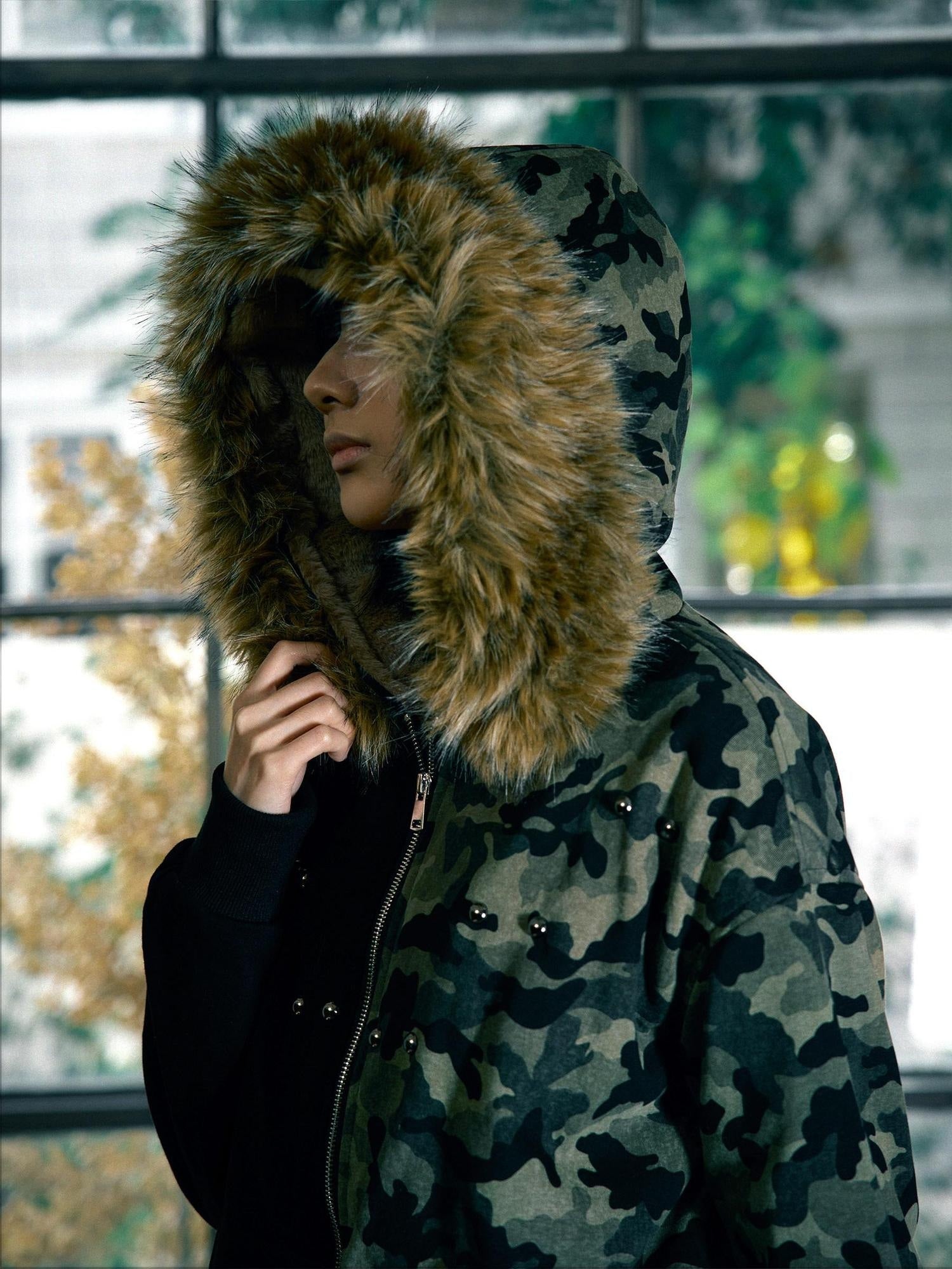 PAIKI Slim Fit Thick Camouflage Zip Up Fur Hood Dark Streetwear Boys Polyester Hoodies