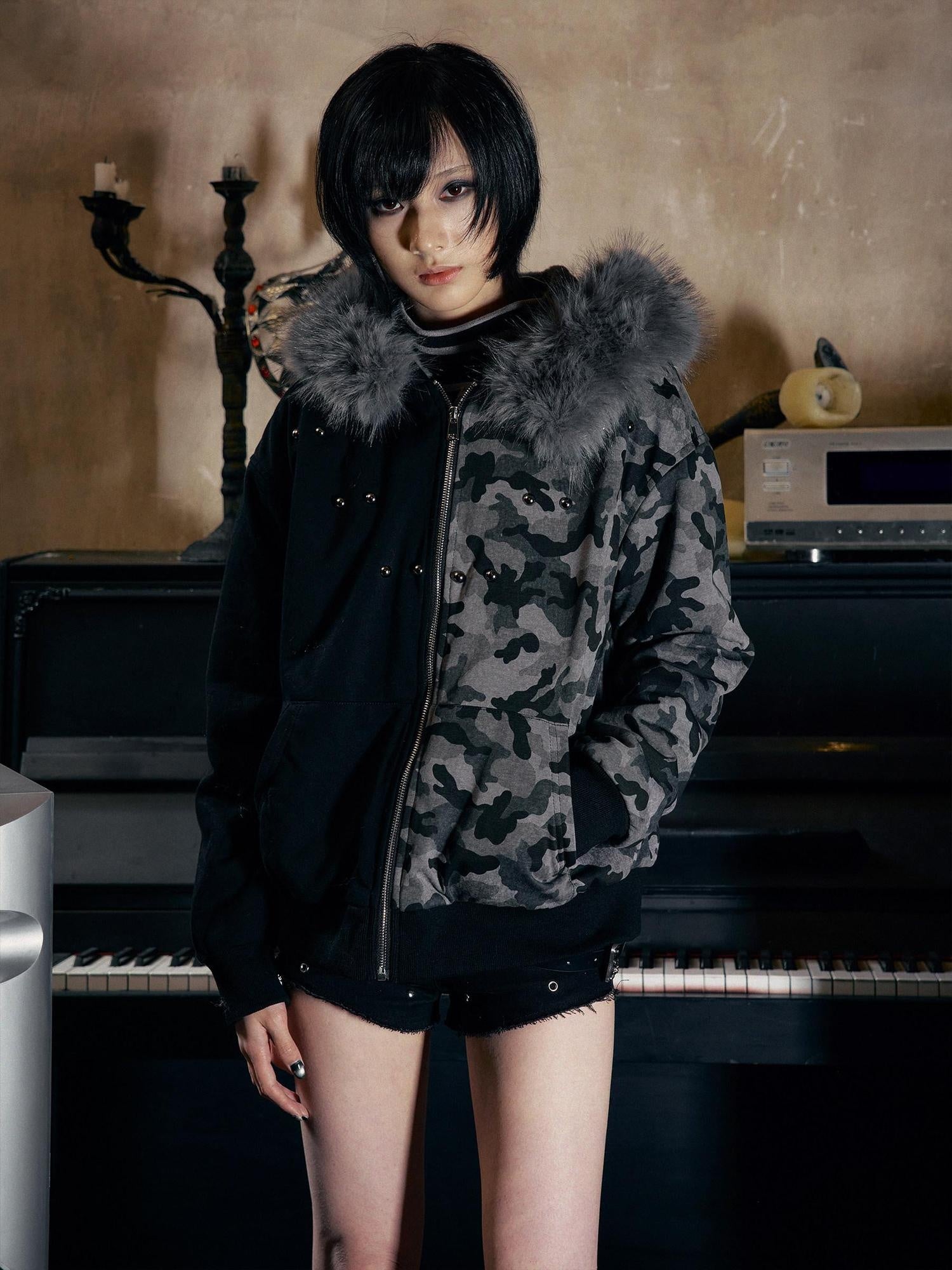 PAIKI Slim Fit Thick Camouflage Zip Up Fur Hood Dark Streetwear Boys Polyester Hoodies