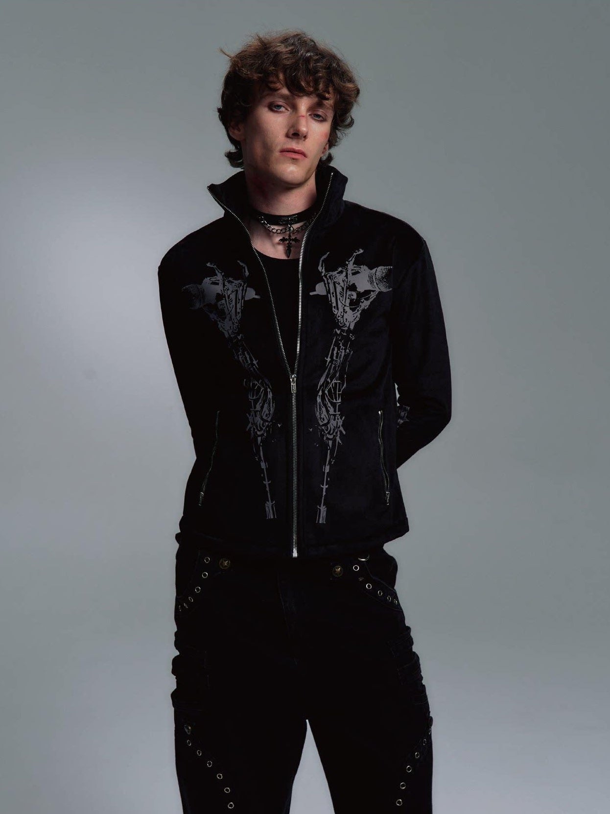 PAIKI Slim Fit Velvet Stand Collar Zip Mens Black Side Pockets Durable Casual Jackets