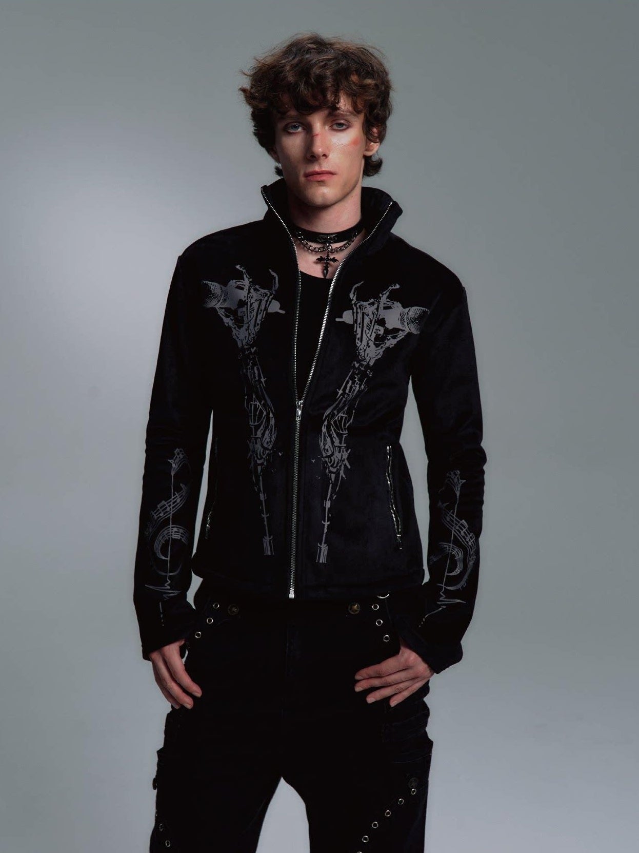 PAIKI Slim Fit Velvet Stand Collar Zip Mens Black Side Pockets Durable Casual Jackets