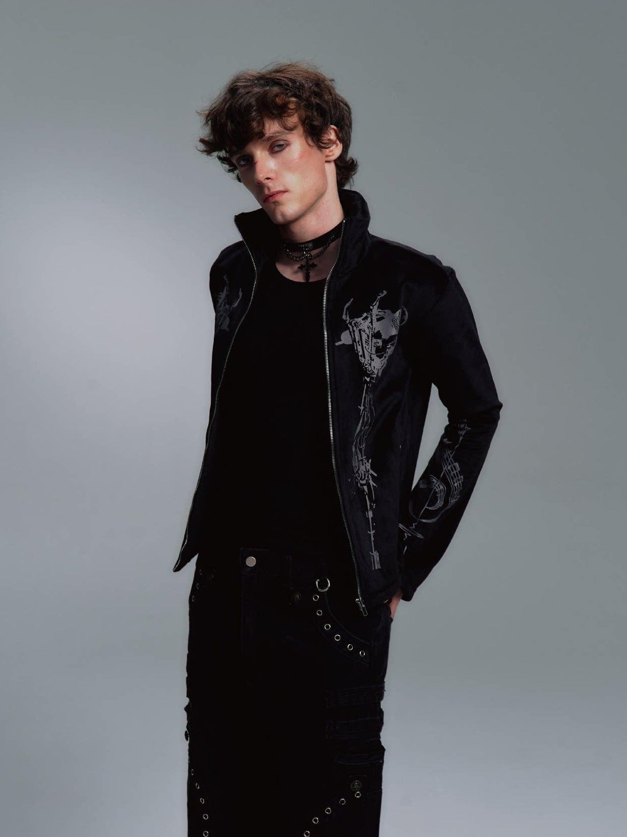 PAIKI Slim Fit Velvet Stand Collar Zip Mens Black Side Pockets Durable Casual Jackets