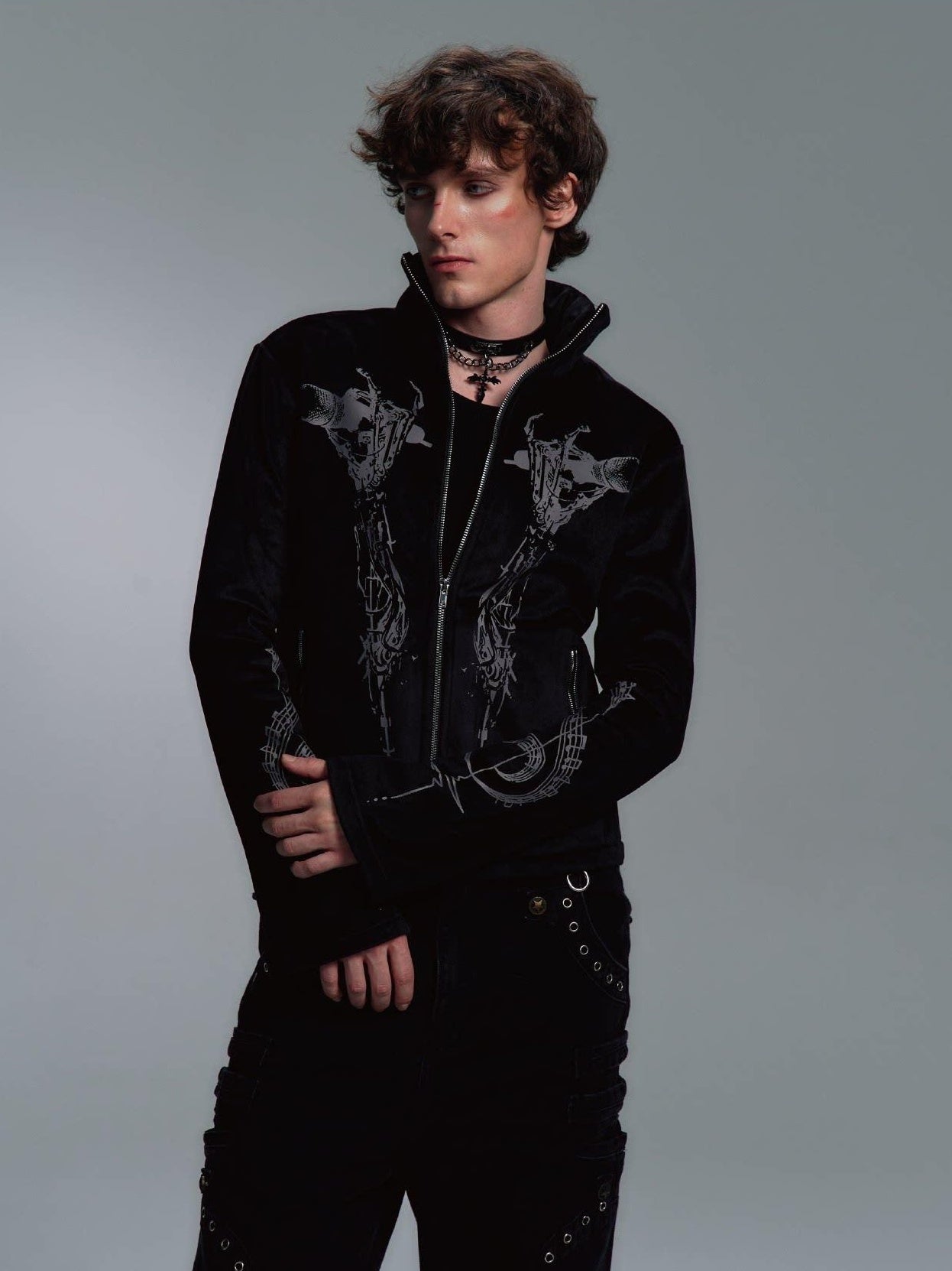 PAIKI Slim Fit Velvet Stand Collar Zip Mens Black Side Pockets Durable Casual Jackets