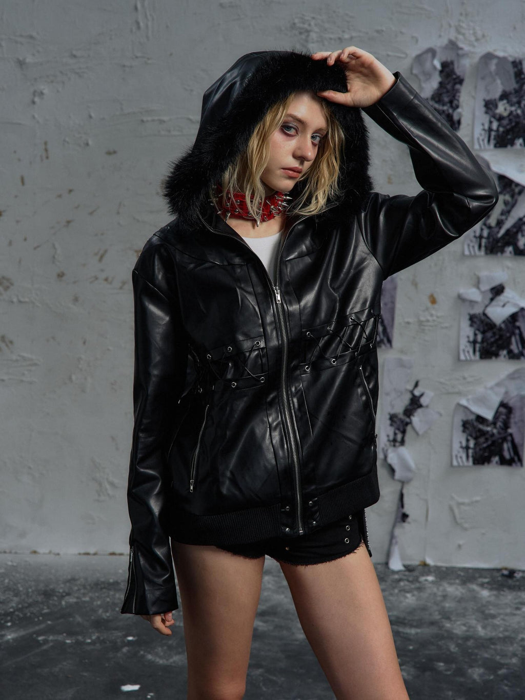 PAIKI Slim Patchwork Pu Faux Leather Youth Casual Zip Ribbed Hem Black Leather Jackets