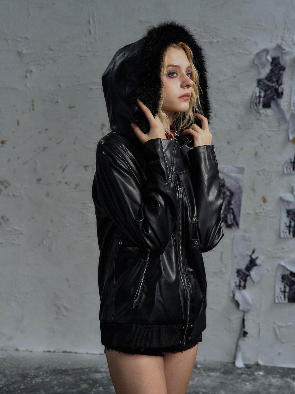 PAIKI Slim Patchwork Pu Faux Leather Youth Casual Zip Ribbed Hem Black Leather Jackets