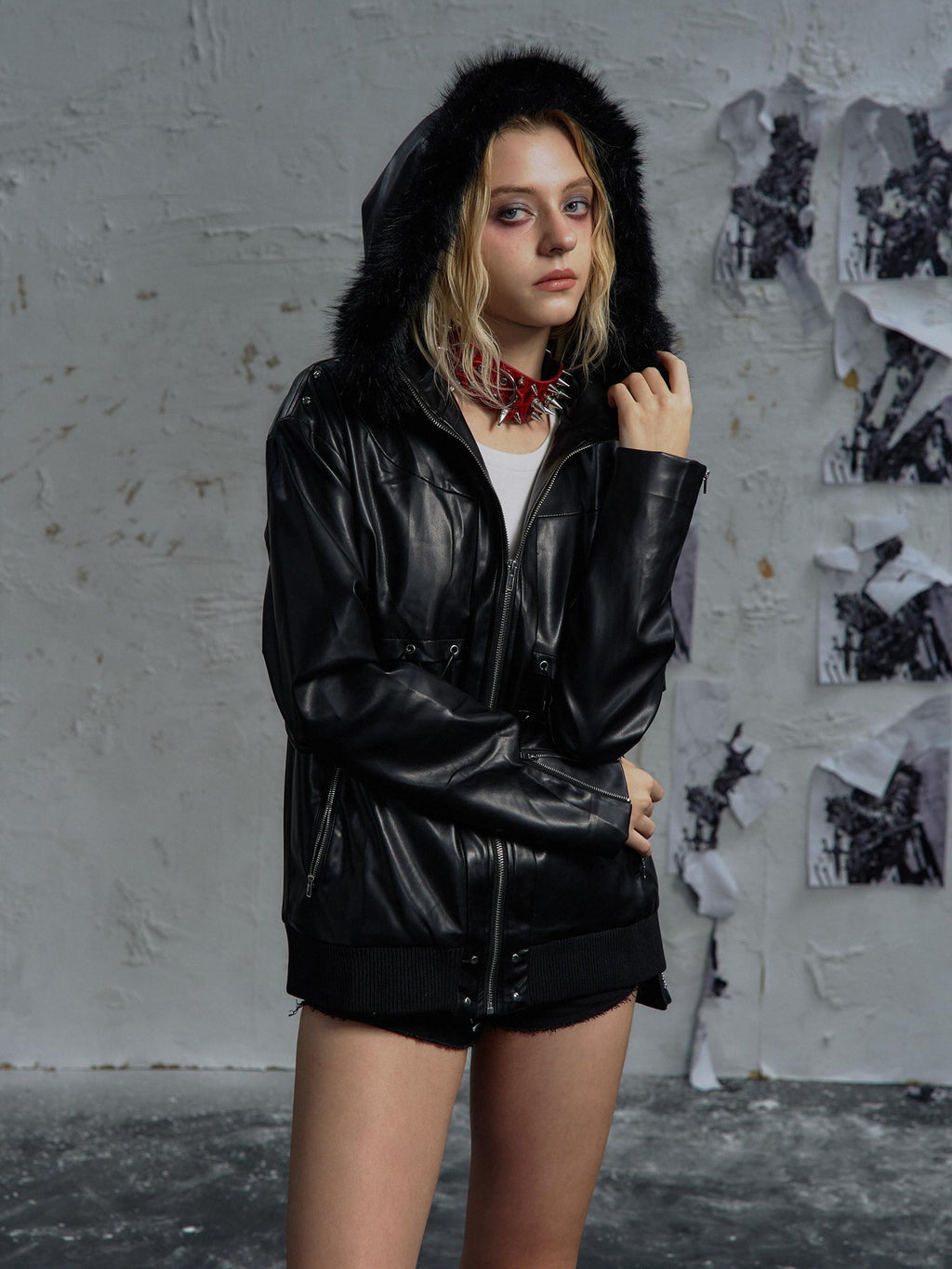 PAIKI Slim Patchwork Pu Faux Leather Youth Casual Zip Ribbed Hem Black Leather Jackets