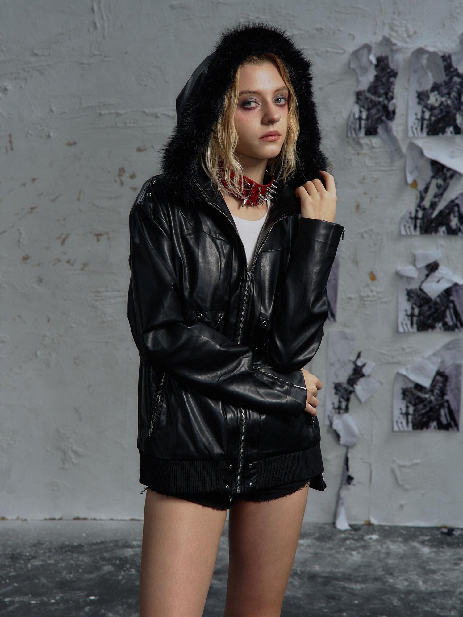 PAIKI Slim Patchwork Pu Faux Leather Youth Casual Zip Ribbed Hem Black Leather Jackets