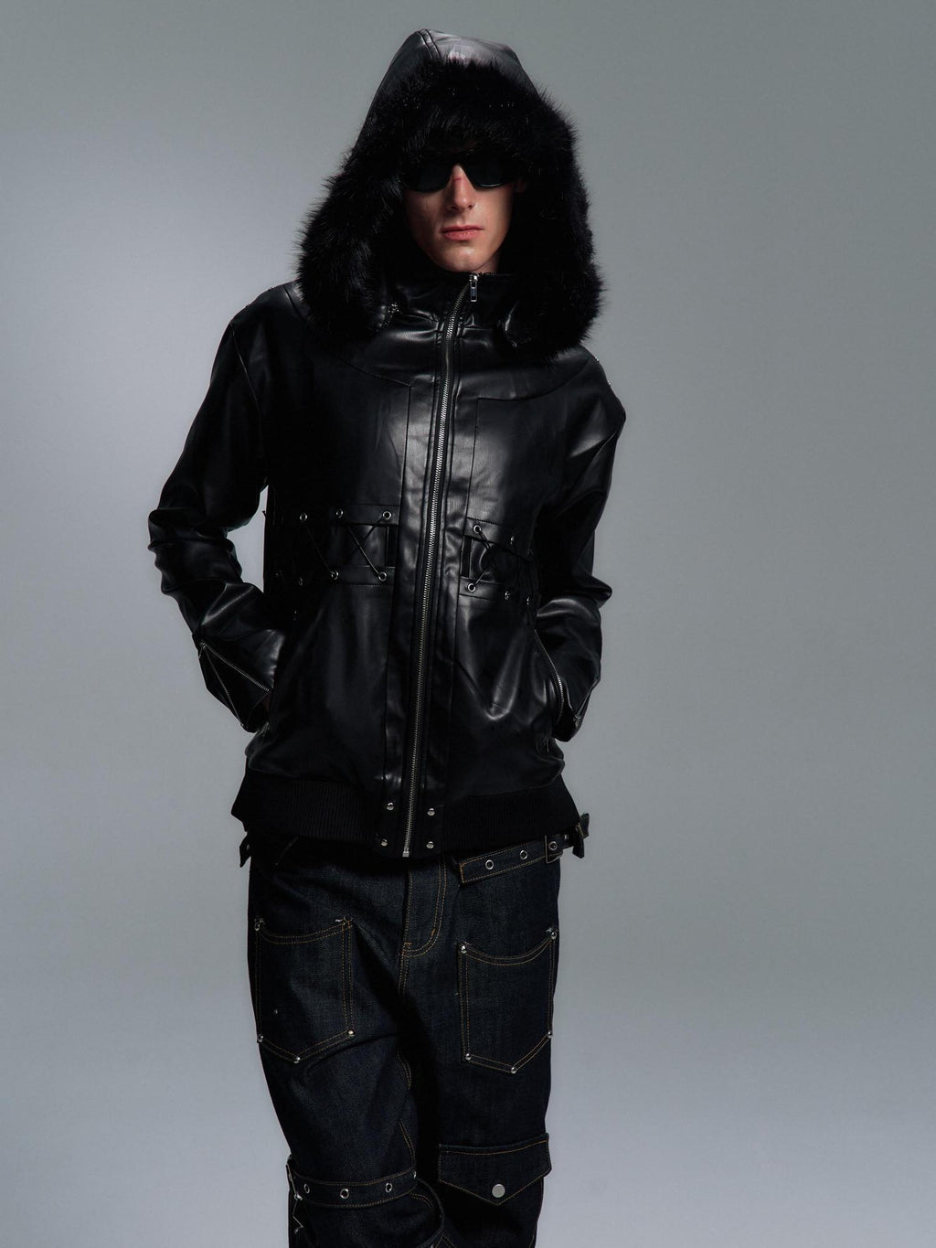 PAIKI Slim Patchwork Pu Faux Leather Youth Casual Zip Ribbed Hem Black Leather Jackets