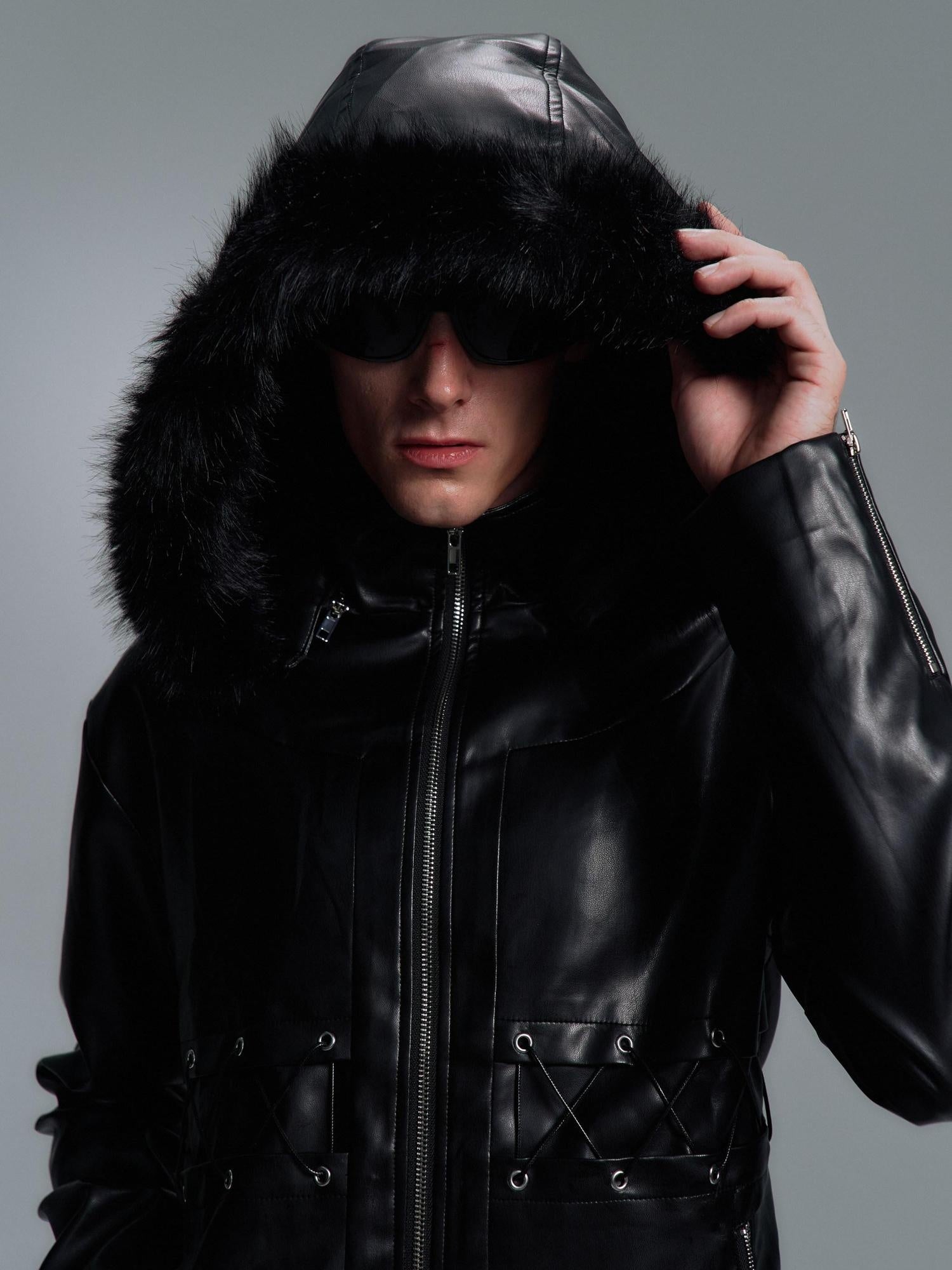 PAIKI Slim Patchwork Pu Faux Leather Youth Casual Zip Ribbed Hem Black Leather Jackets