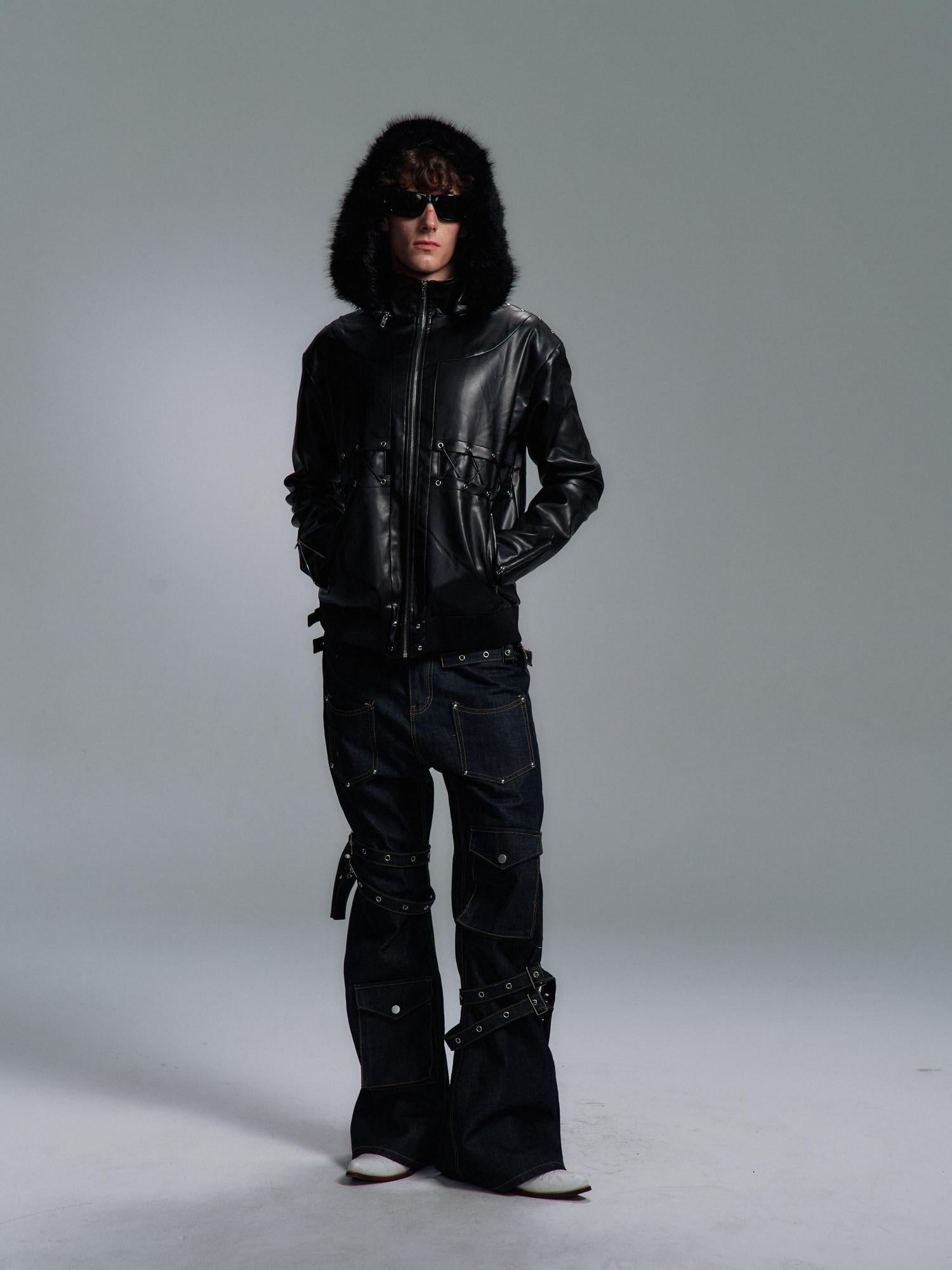 PAIKI Slim Patchwork Pu Faux Leather Youth Casual Zip Ribbed Hem Black Leather Jackets