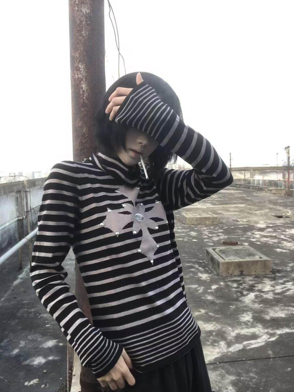 PAIKI Soft Slim Fit Stud Beaded Striped High Neck Boys Polyester Long Sleeve T-Shirts
