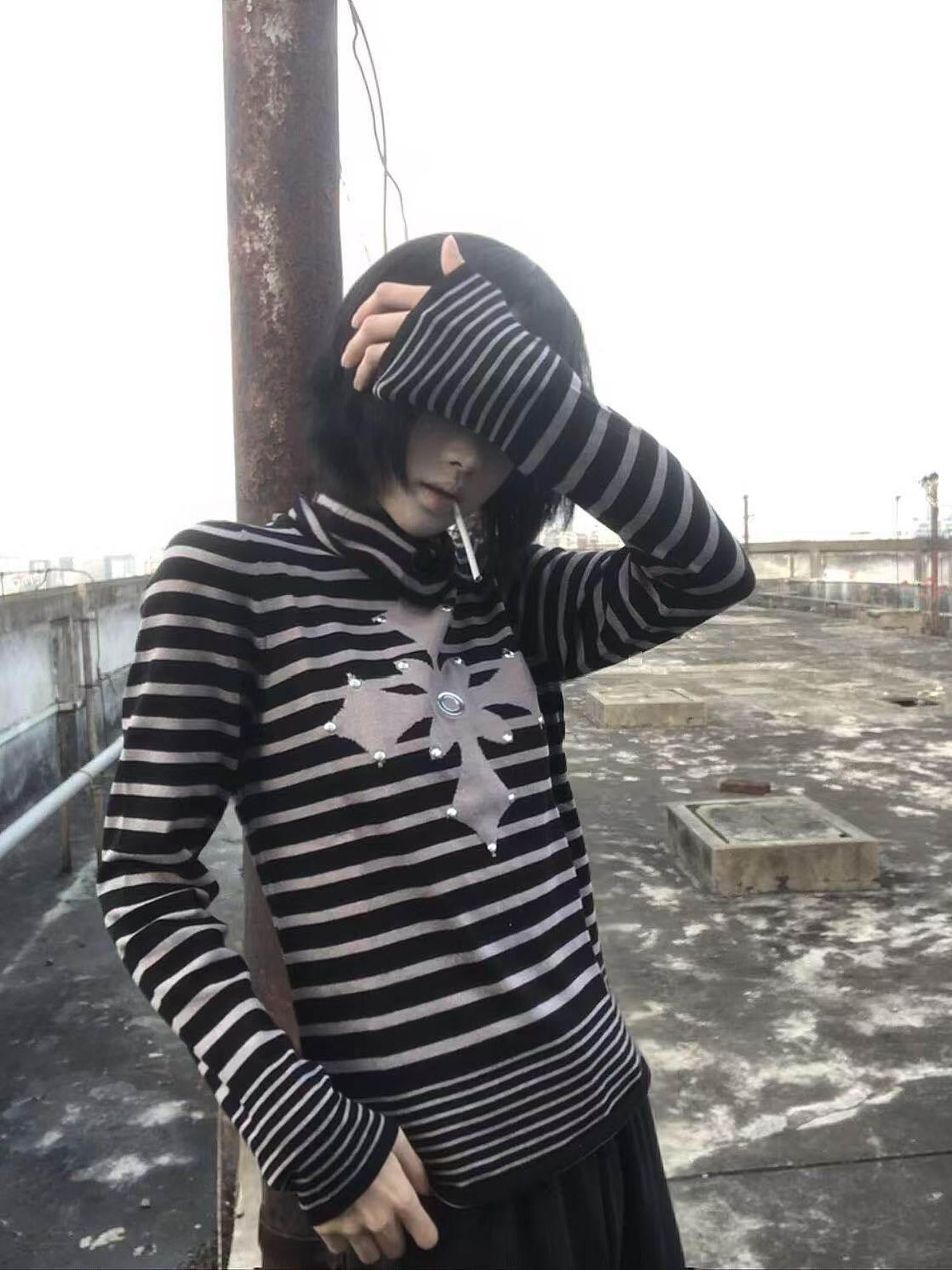 PAIKI Soft Slim Fit Stud Beaded Striped High Neck Boys Polyester Long Sleeve T-Shirts