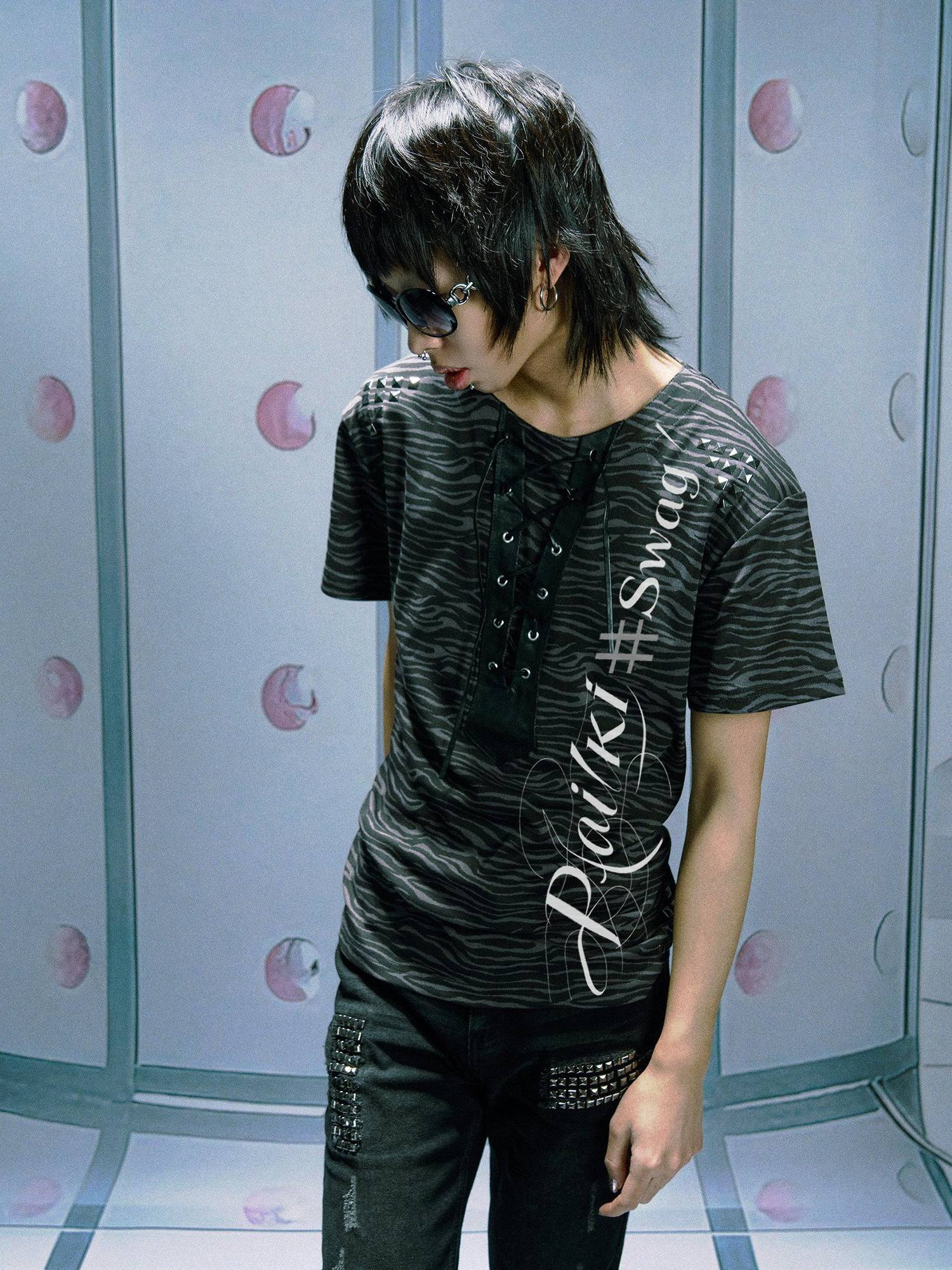 PAIKI Soft Sorona Studded Punk Crewneck Unisex Tiger Print Short Sleeve T-Shirts