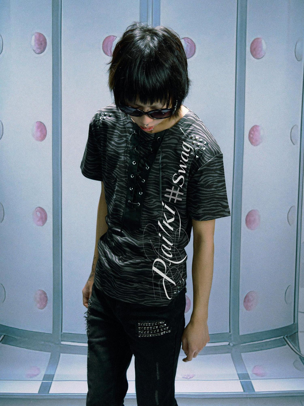 PAIKI Soft Sorona Studded Punk Crewneck Unisex Tiger Print Short Sleeve T-Shirts
