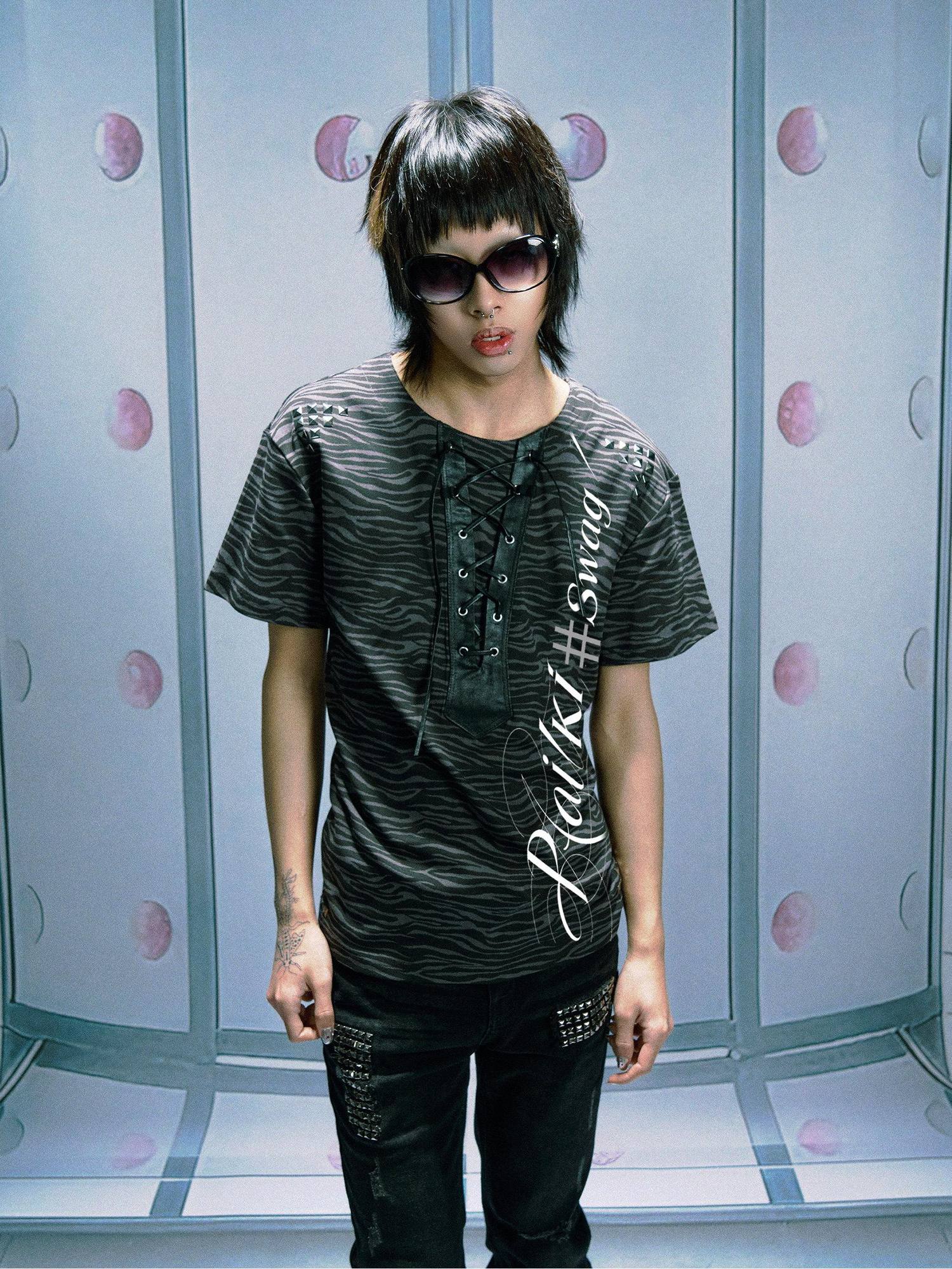 PAIKI Soft Sorona Studded Punk Crewneck Unisex Tiger Print Short Sleeve T-Shirts
