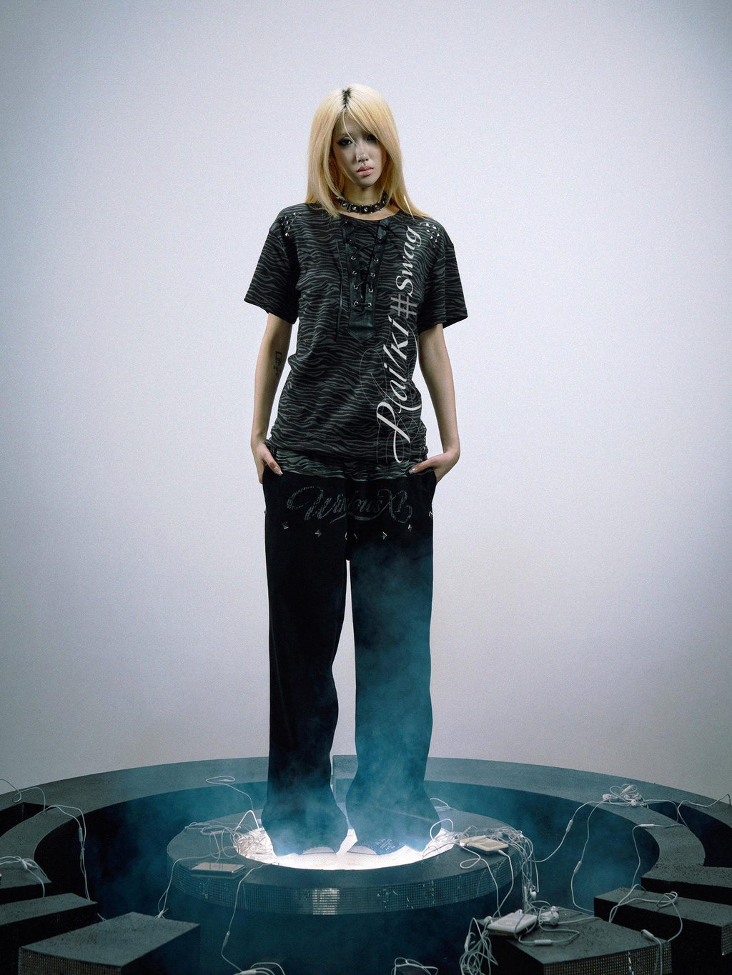 PAIKI Soft Sorona Studded Punk Crewneck Unisex Tiger Print Short Sleeve T-Shirts