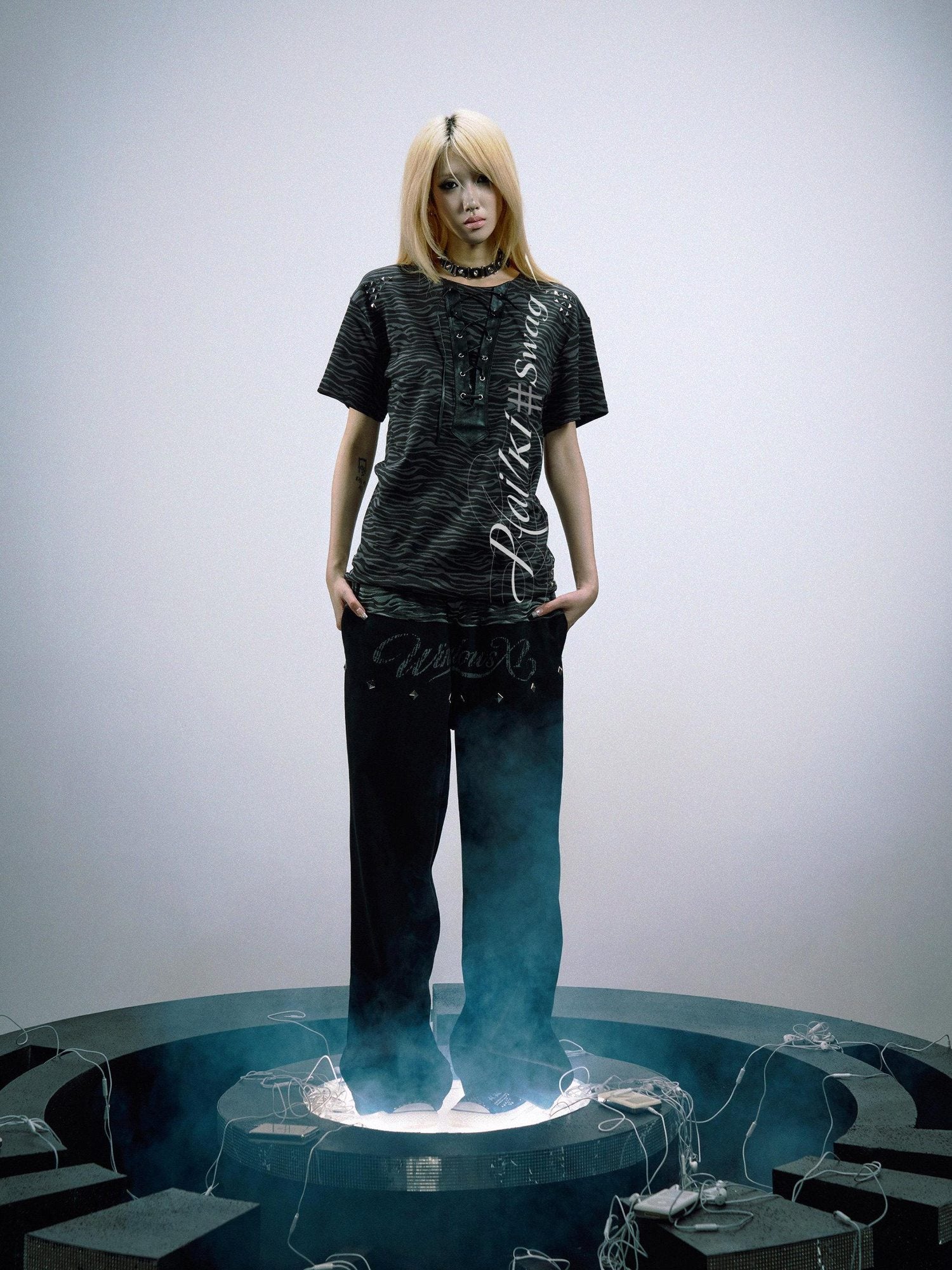 PAIKI Soft Sorona Studded Punk Crewneck Unisex Tiger Print Short Sleeve T-Shirts