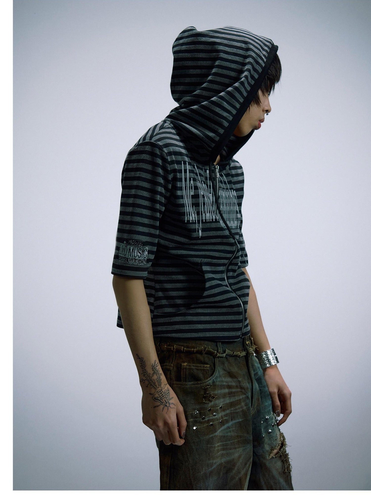 PAIKI Sorona Blend Slim Fit Hooded Unisex Striped Digital Print Short Sleeve T-Shirts
