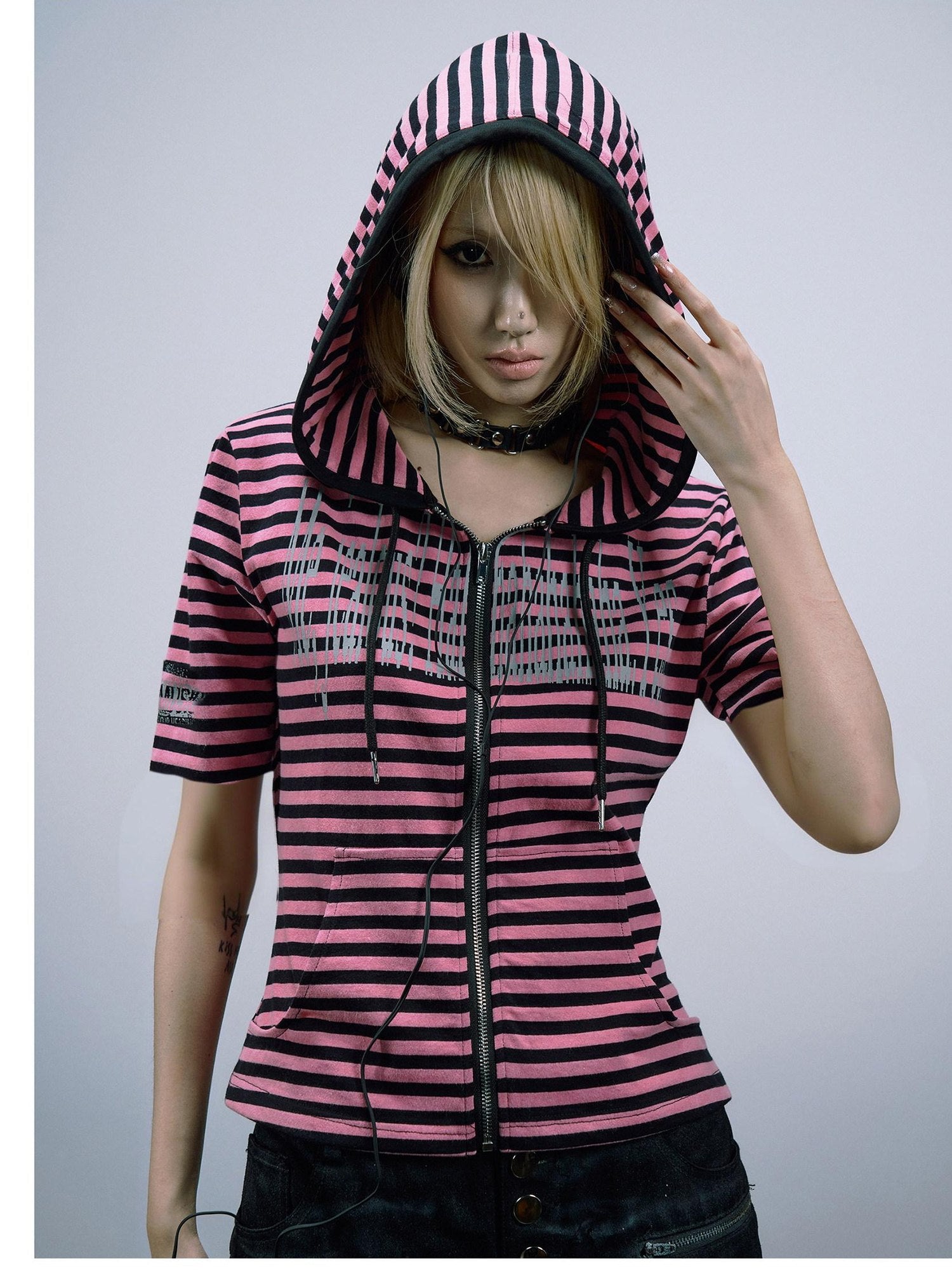 PAIKI Sorona Blend Slim Fit Hooded Unisex Striped Digital Print Short Sleeve T-Shirts