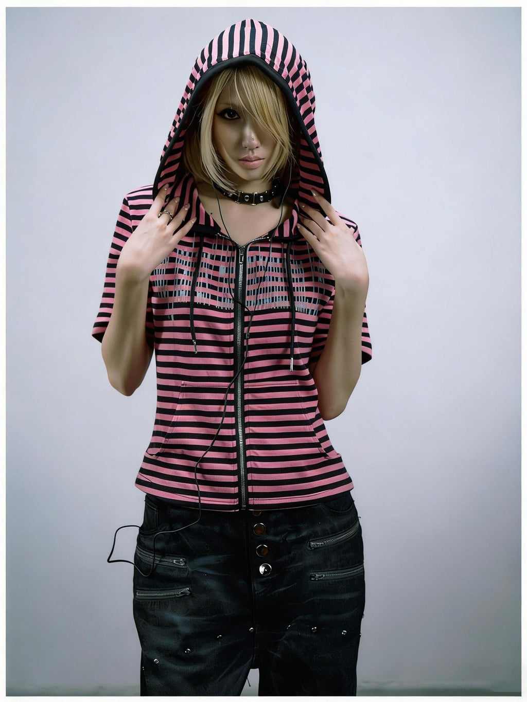 PAIKI Sorona Blend Slim Fit Hooded Unisex Striped Digital Print Short Sleeve T-Shirts