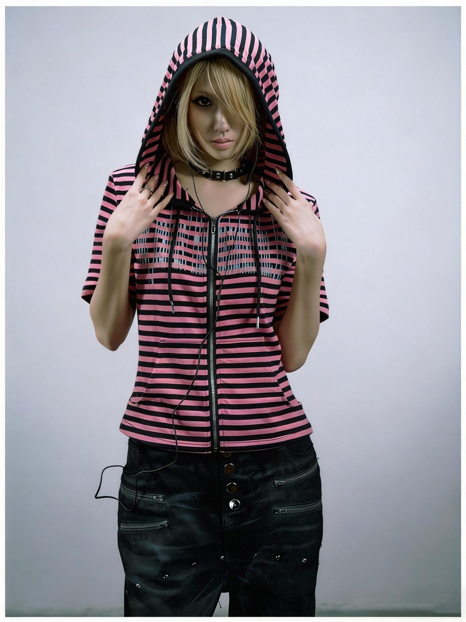 PAIKI Sorona Blend Slim Fit Hooded Unisex Striped Digital Print Short Sleeve T-Shirts
