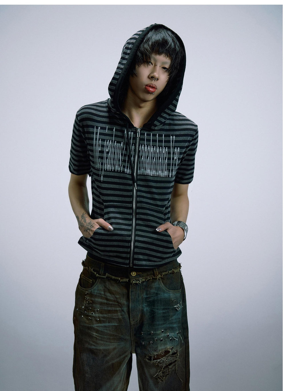 PAIKI Sorona Blend Slim Fit Hooded Unisex Striped Digital Print Short Sleeve T-Shirts