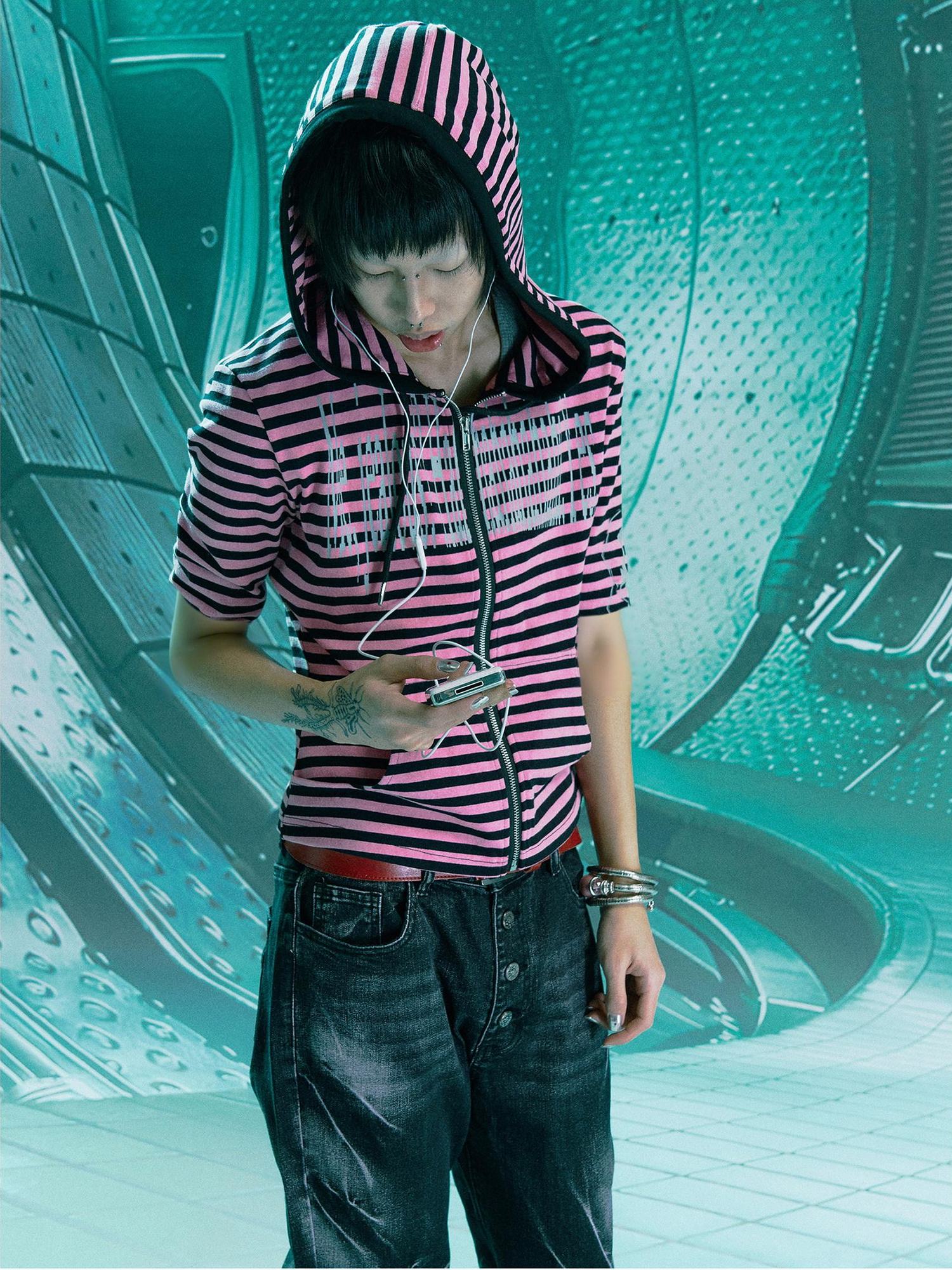 PAIKI Sorona Blend Slim Fit Hooded Unisex Striped Digital Print Short Sleeve T-Shirts