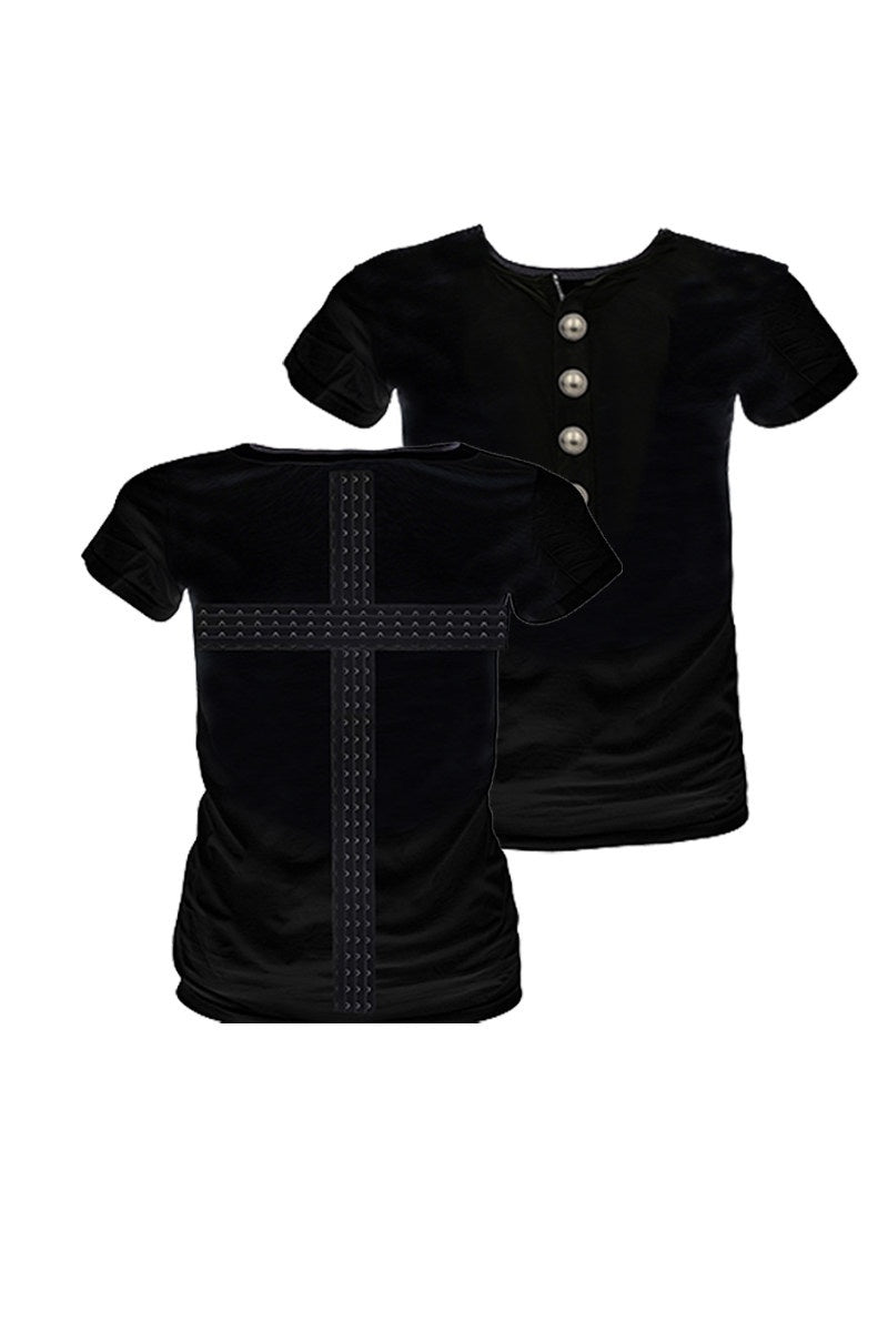 PAIKI_Sorona_Cotton_Studded_Slim_Punk_Henley_Cross_Unisex_Black_Short_Sleeve_T-Shirts_MISSTT