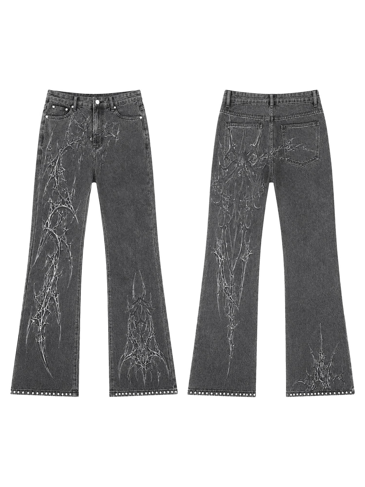 PAIKI Spider Thorn Beaded Washed Grey Denim Women's Straight Jeans