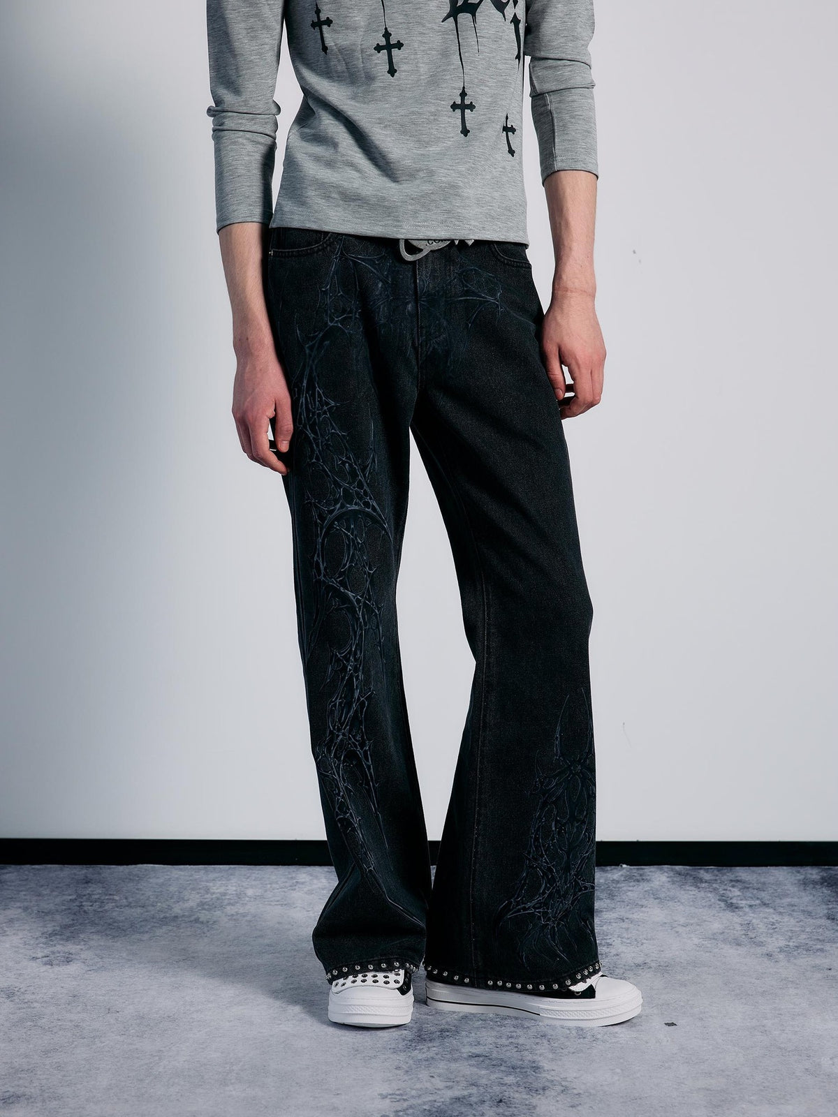 PAIKI Spider Thorn Beaded Washed Grey Denim Women's Straight Jeans