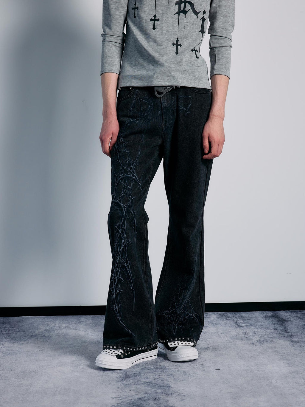 PAIKI Spider Thorn Beaded Washed Grey Denim Women's Straight Jeans