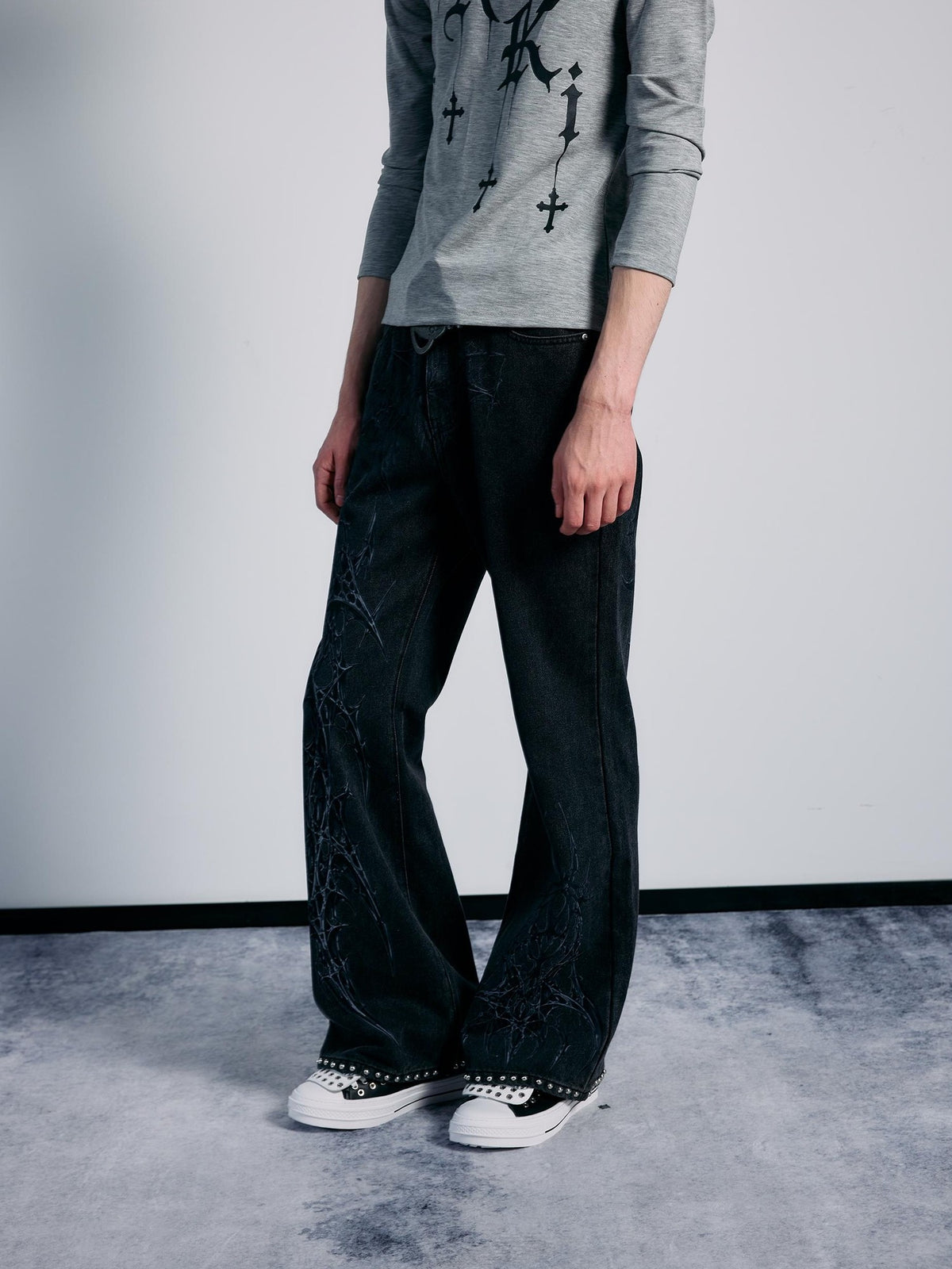PAIKI Spider Thorn Beaded Washed Grey Denim Women's Straight Jeans