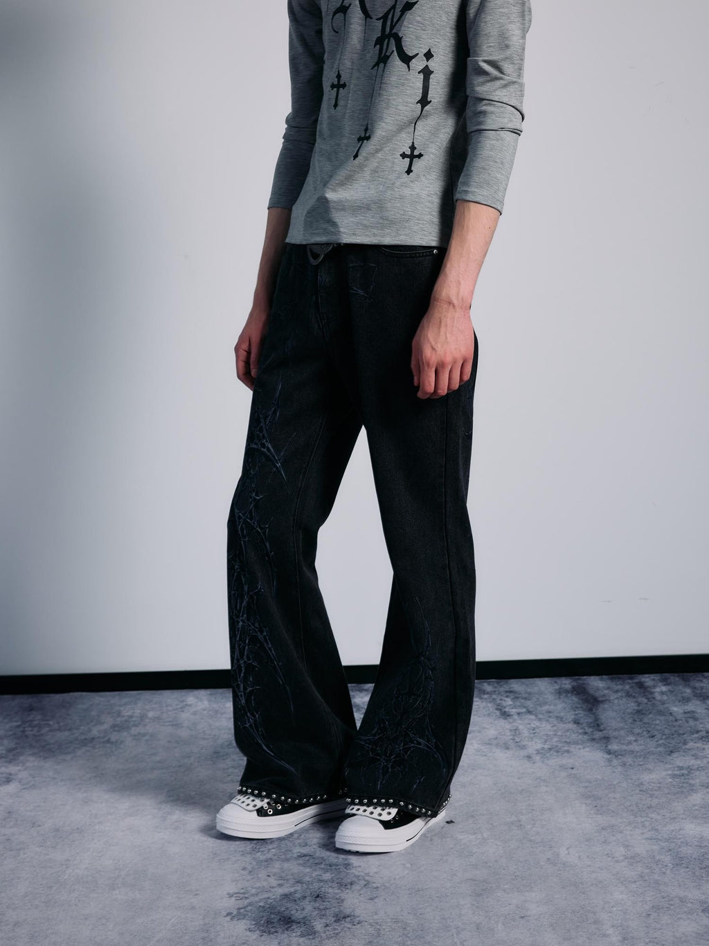 PAIKI Spider Thorn Beaded Washed Grey Denim Women's Straight Jeans
