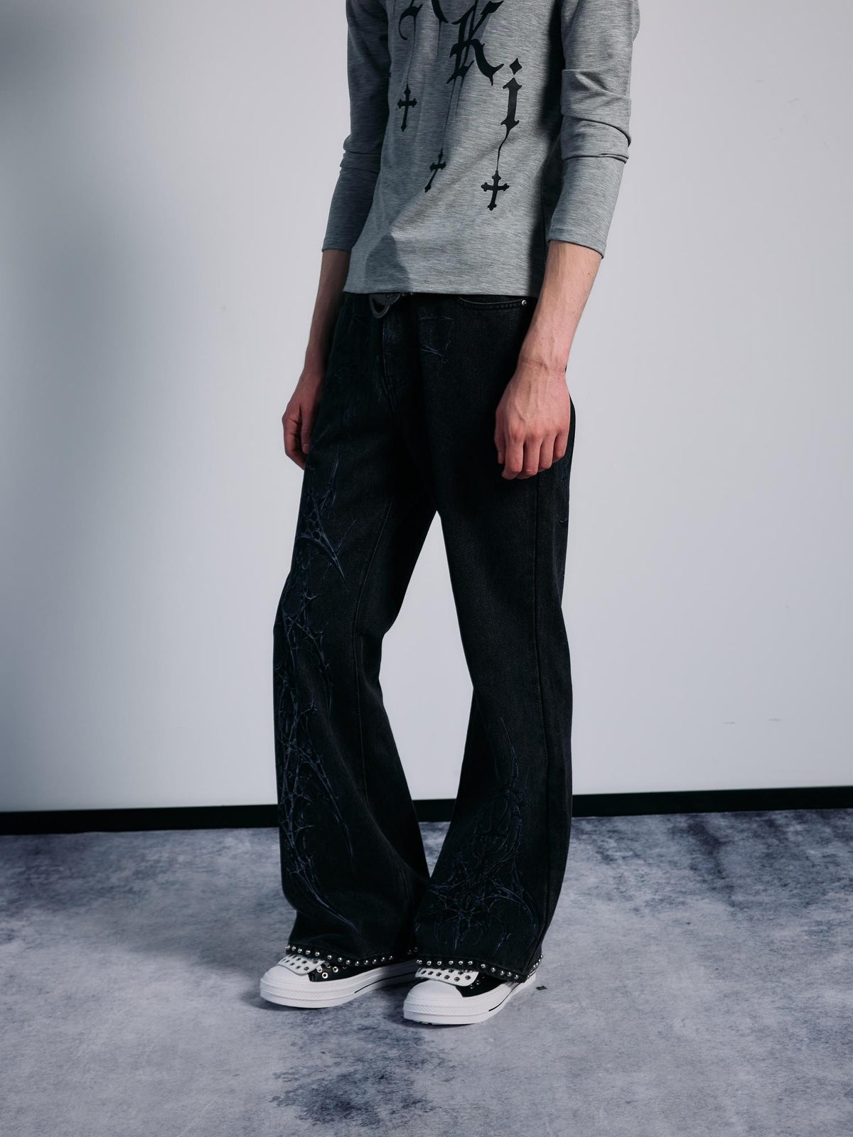 PAIKI Spider Thorn Beaded Washed Grey Denim Women's Straight Jeans