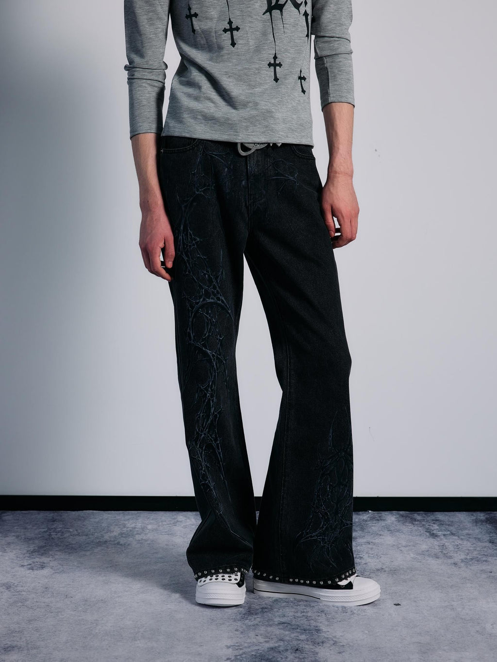 PAIKI Spider Thorn Beaded Washed Grey Denim Women's Straight Jeans