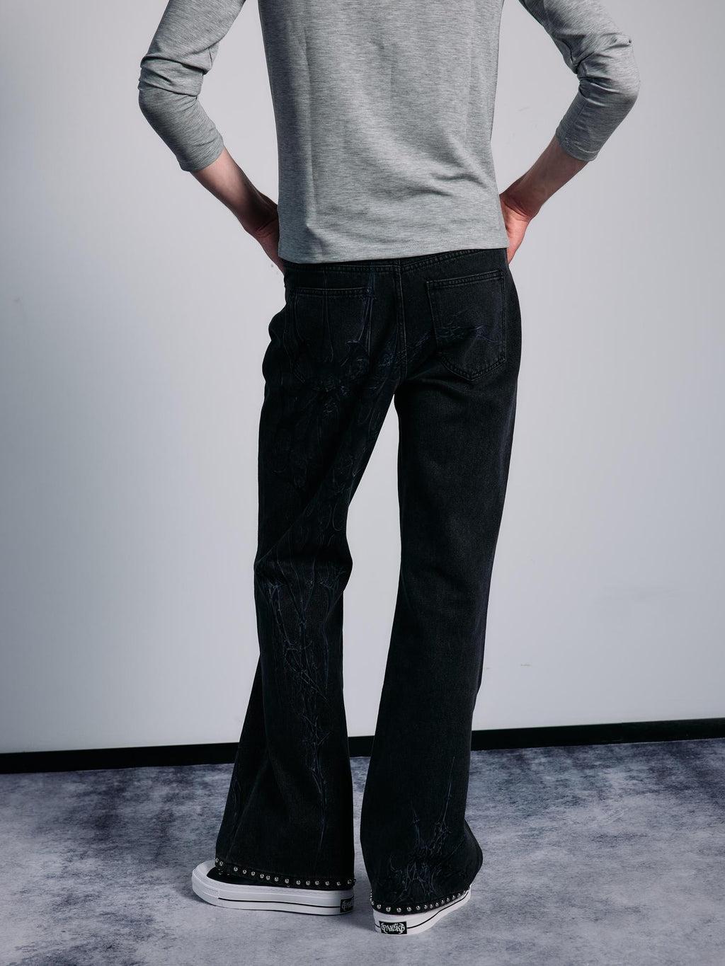 PAIKI Spider Thorn Beaded Washed Grey Denim Women's Straight Jeans